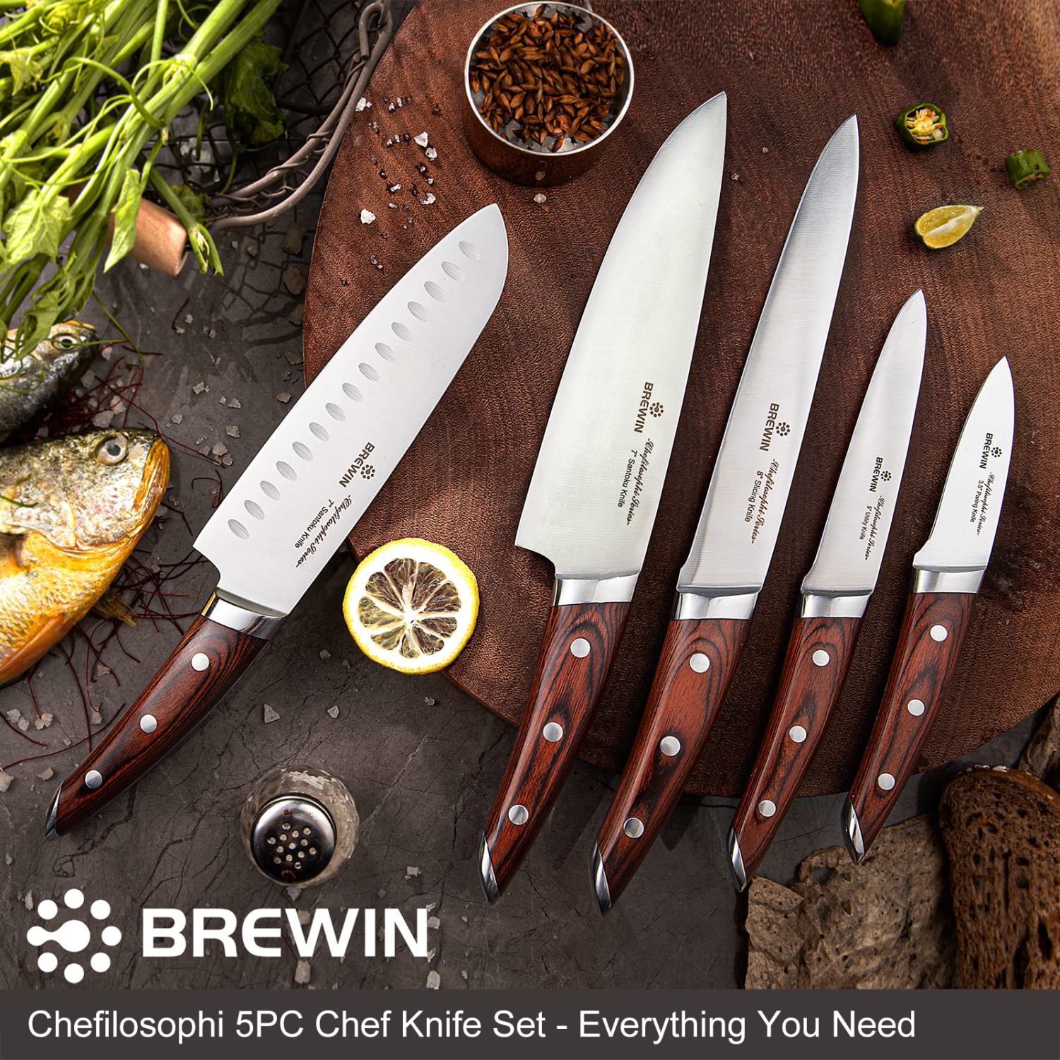 Brewin Chef Knife Set 5 PCS Chefilosophi Series with Elegant Red Pakkawood Handle Ergonomic Design,Professional Ultra Sh