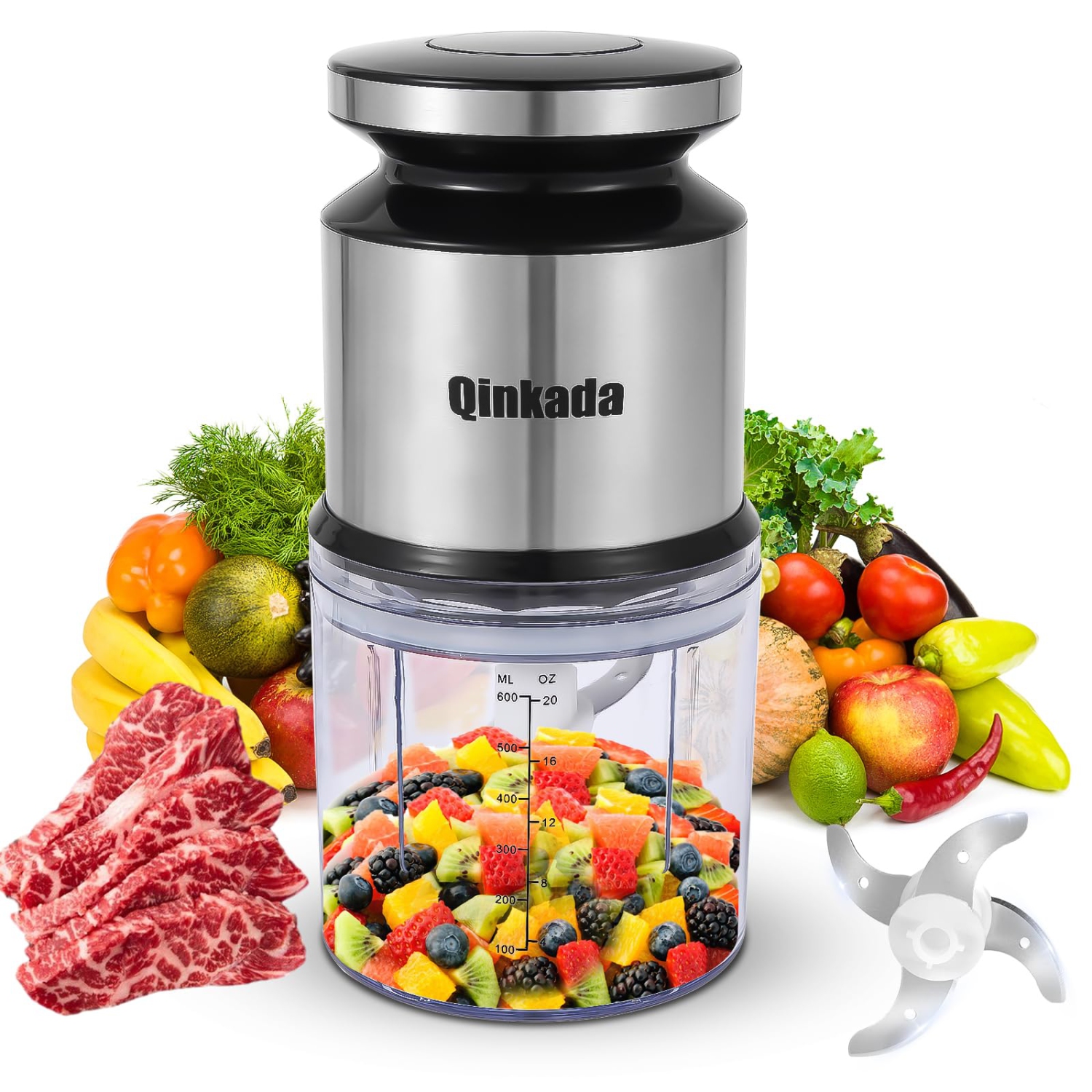 Qinkada Mini Food Processor, 2.5Cup/ 600ML Baby Food Maker, 400W Power Grinder for Fruit, Vegetable, Meat, Baby Food Pur