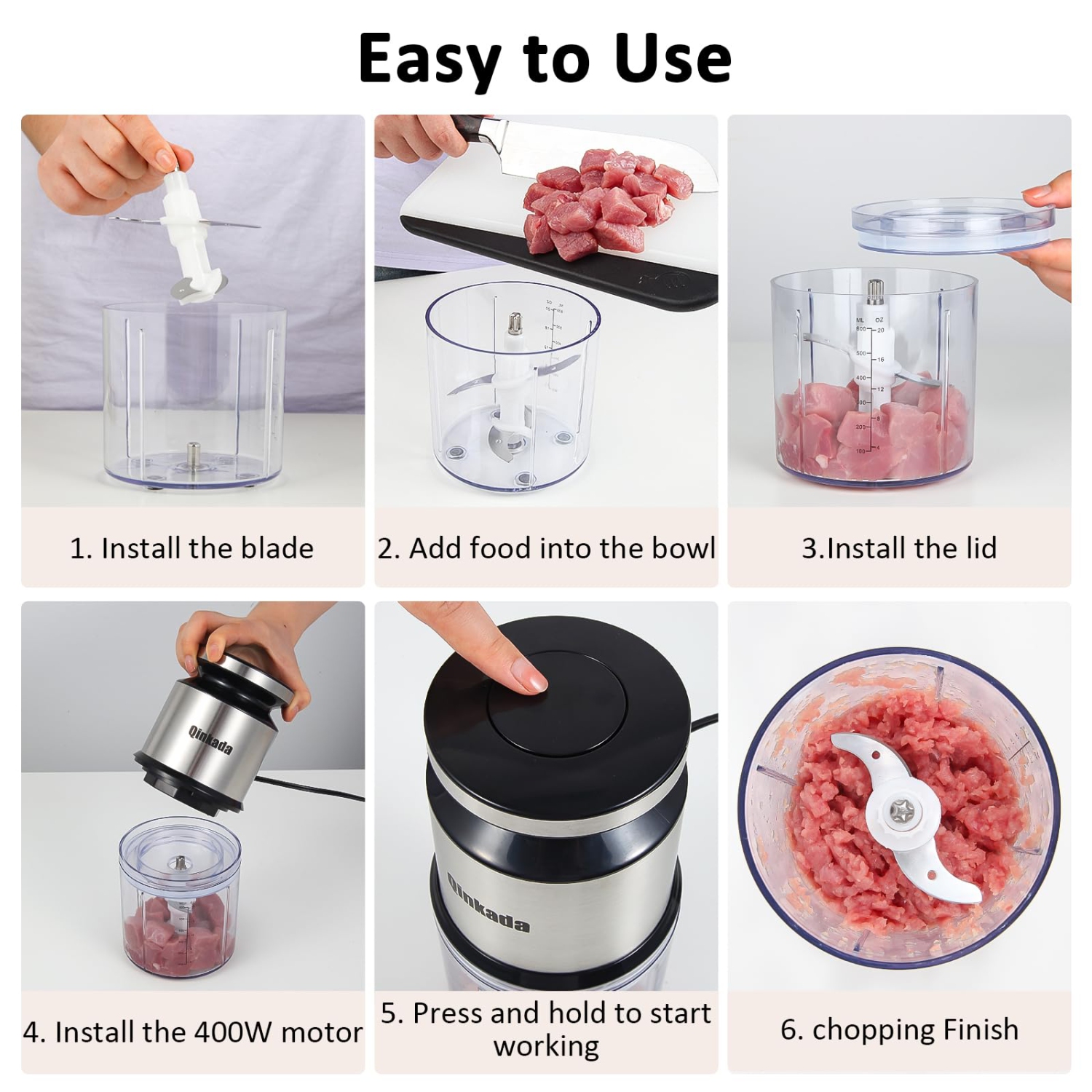 Qinkada Mini Food Processor, 2.5Cup/ 600ML Baby Food Maker, 400W Power Grinder for Fruit, Vegetable, Meat, Baby Food Pur