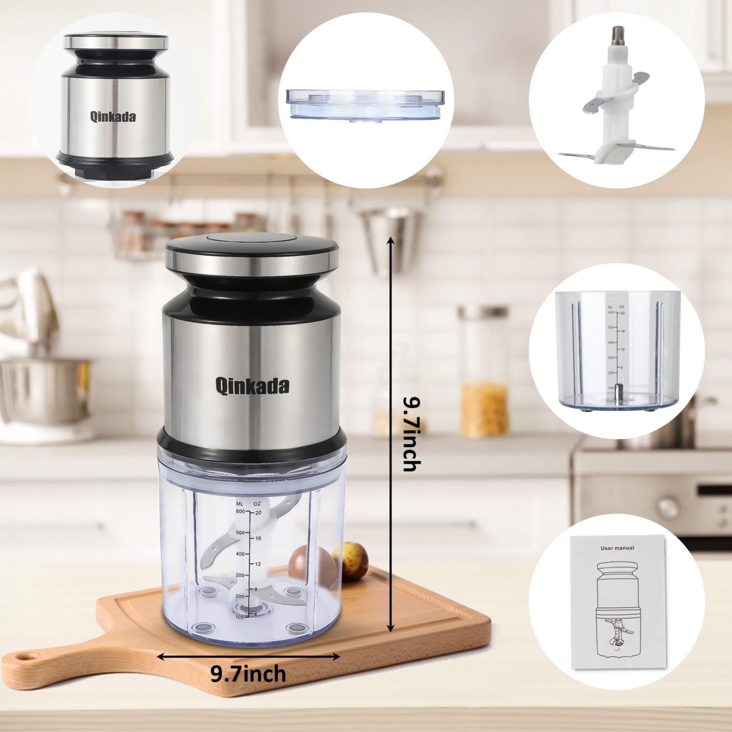 Qinkada Mini Food Processor, 2.5Cup/ 600ML Baby Food Maker, 400W Power Grinder for Fruit, Vegetable, Meat, Baby Food Pur