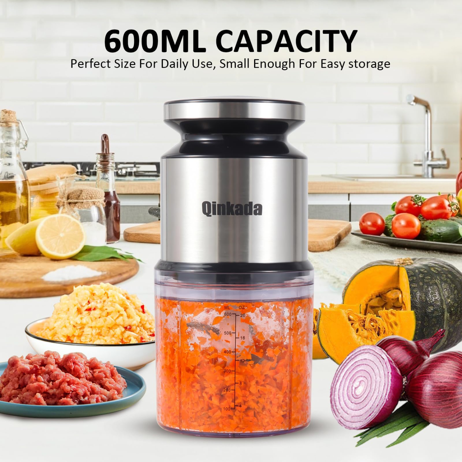 Qinkada Mini Food Processor, 2.5Cup/ 600ML Baby Food Maker, 400W Power Grinder for Fruit, Vegetable, Meat, Baby Food Pur