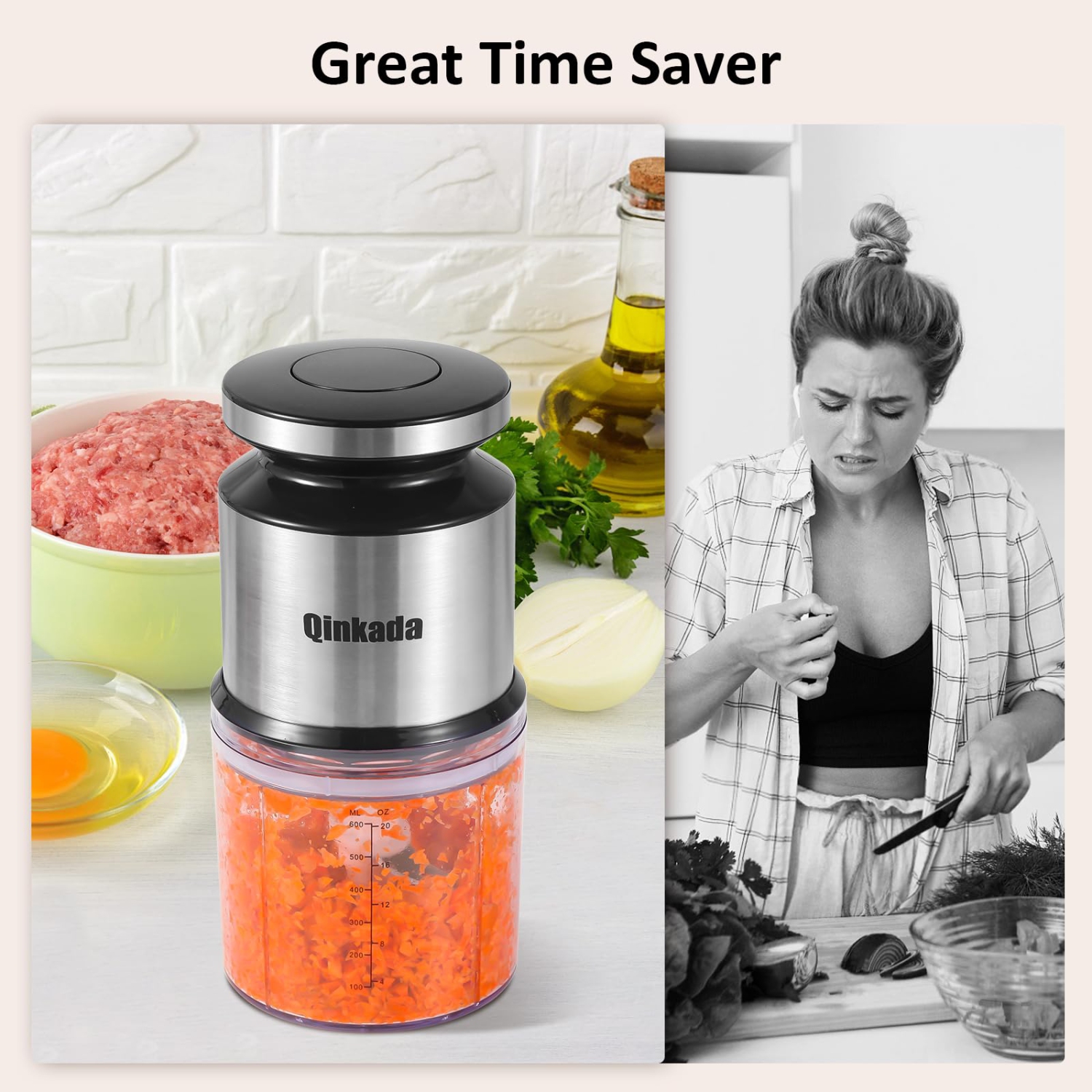 Qinkada Mini Food Processor, 2.5Cup/ 600ML Baby Food Maker, 400W Power Grinder for Fruit, Vegetable, Meat, Baby Food Pur
