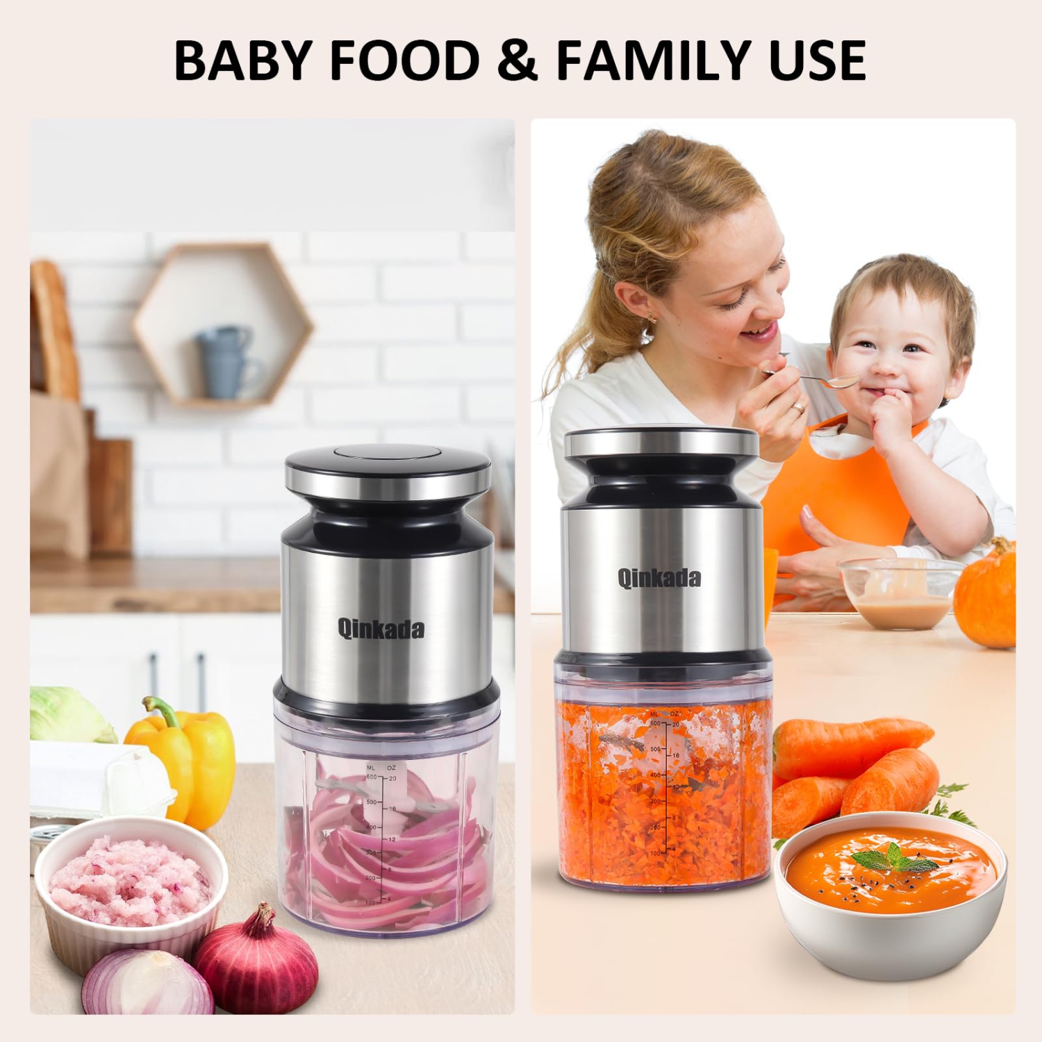 Qinkada Mini Food Processor, 2.5Cup/ 600ML Baby Food Maker, 400W Power Grinder for Fruit, Vegetable, Meat, Baby Food Pur