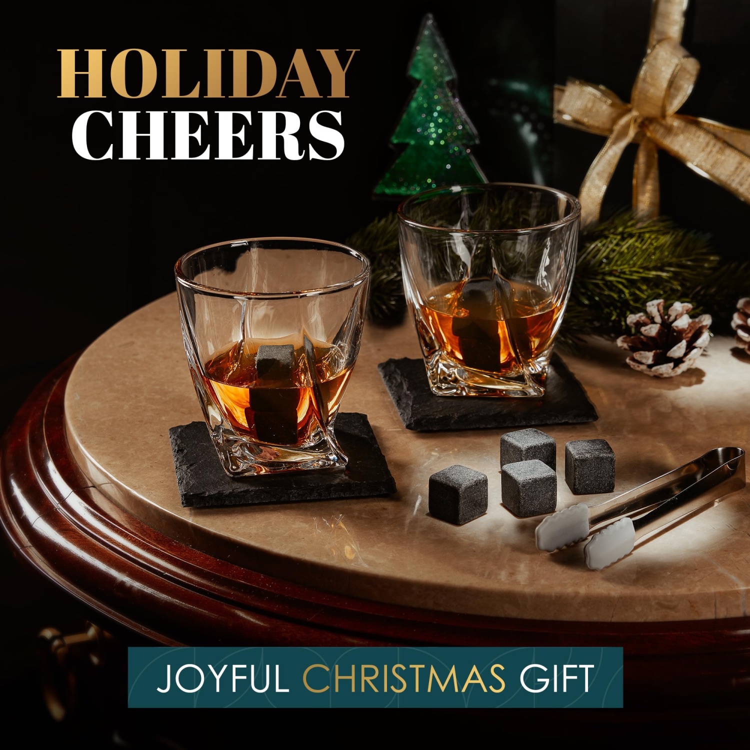 Whiskey Glasses Set of 2 with Whiskey Stones by Royal Reserve - Tongs & Coasters