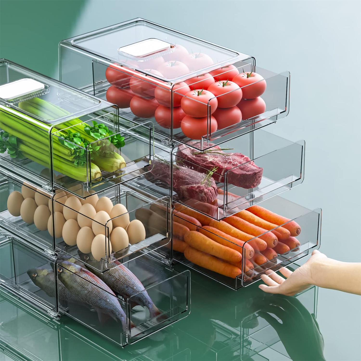 YekouMax Fridge Organization and Storage Bins, Refrigerator Organizer, Plastic Stackable Storage Bins with Drawers, Pull