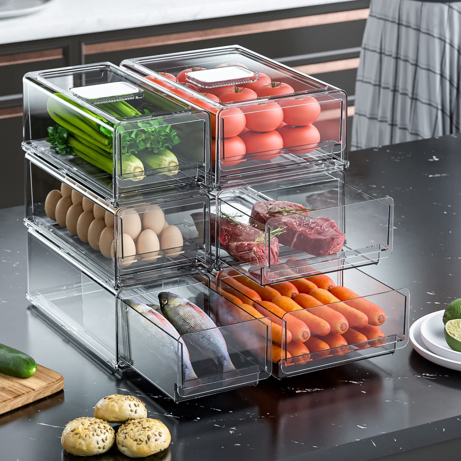 YekouMax Fridge Organization and Storage Bins, Refrigerator Organizer, Plastic Stackable Storage Bins with Drawers, Pull