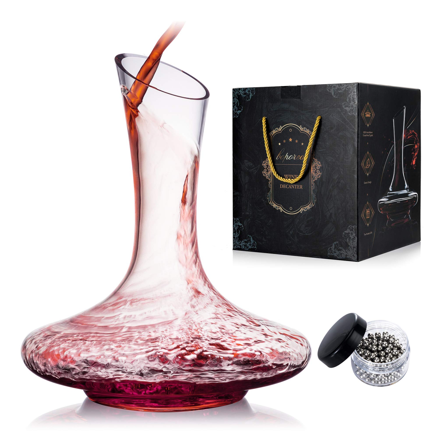 BOPOREA Wine Decanter,Red Wine Carafe,Wine Aerator,100% Hand Blown Lead-Free Crystal Glass with Cleaning Beads,Wine Deca