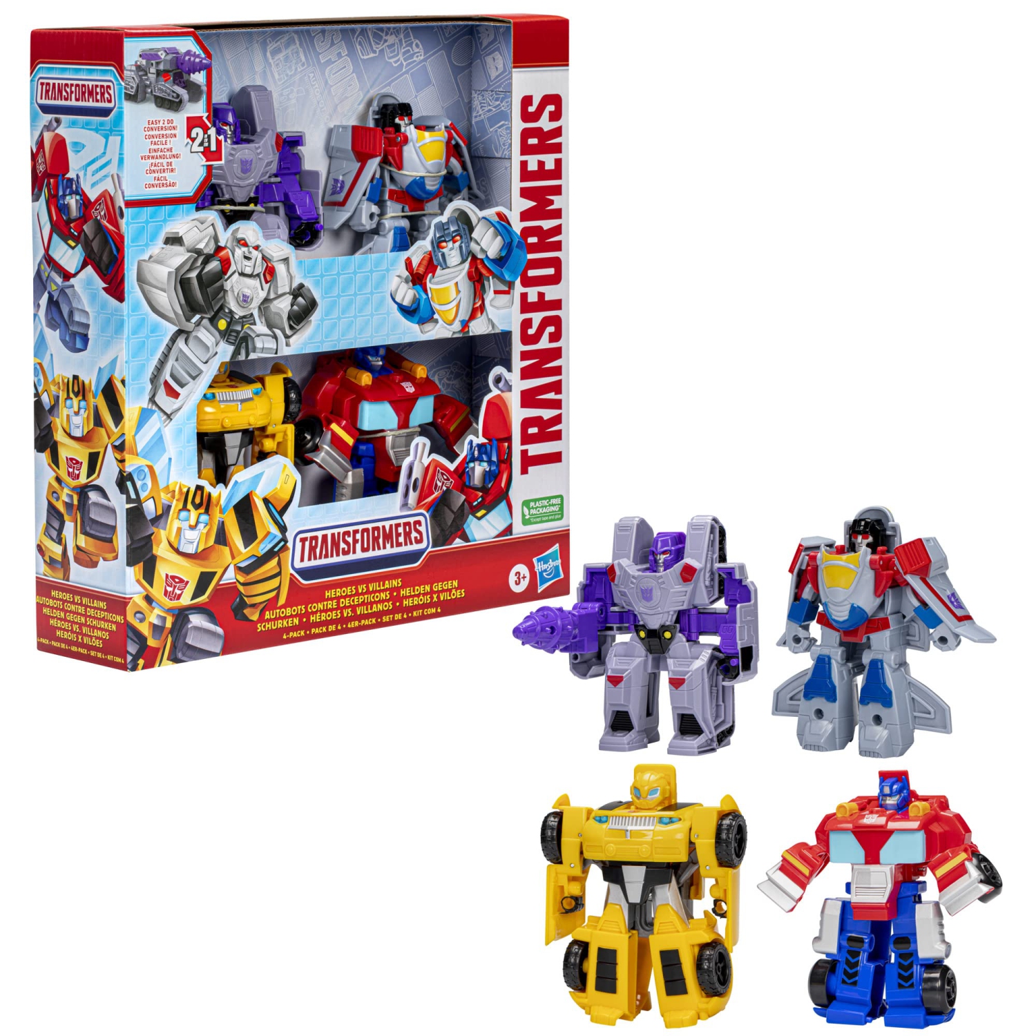 Transformers Toys Heroes vs Villains 4-Pack, Autobot and Decepticon 4.5-Inch Action Figures, Preschool Robot Toys for Ki