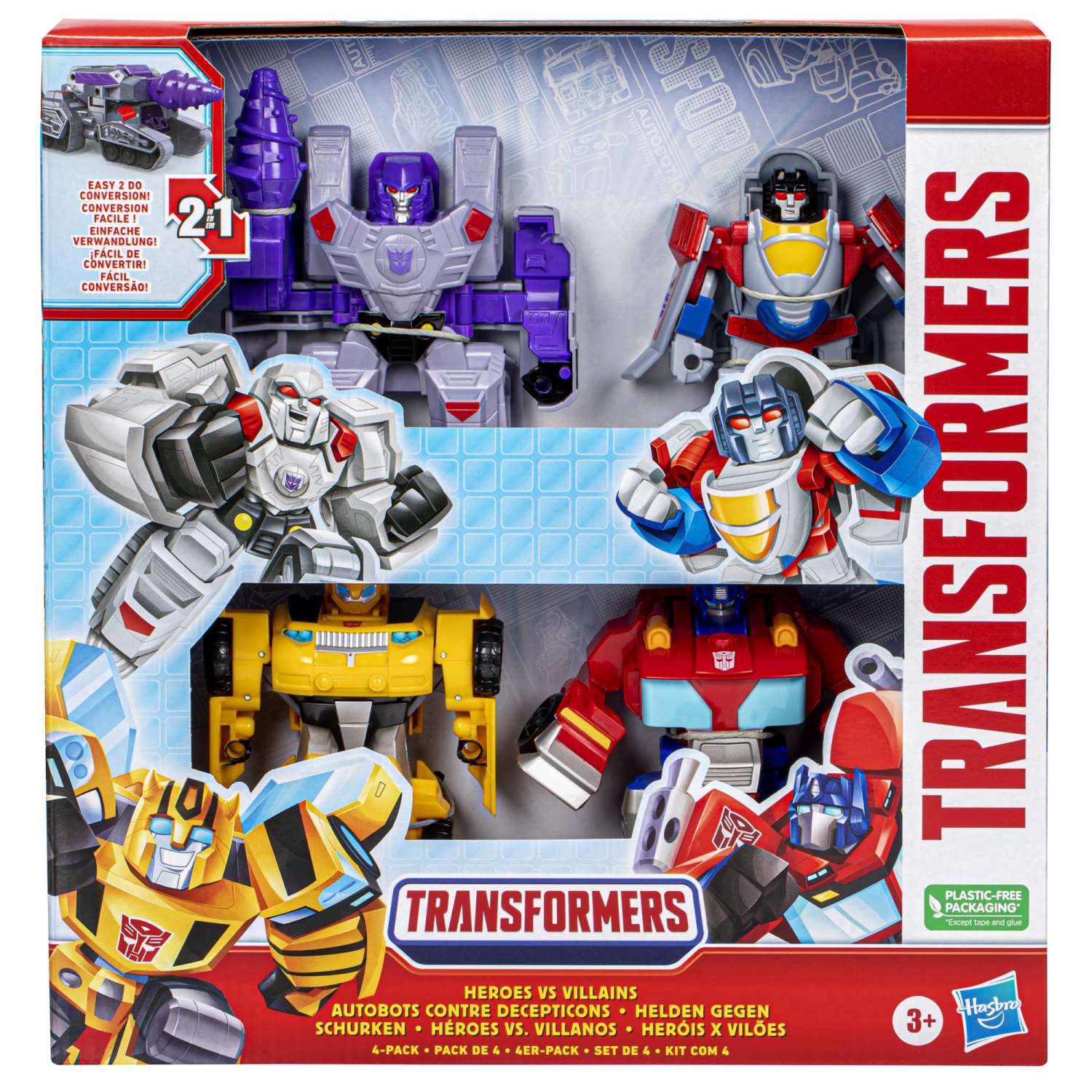 Transformers Toys Heroes vs Villains 4-Pack, Autobot and Decepticon 4.5-Inch Action Figures, Preschool Robot Toys for Ki
