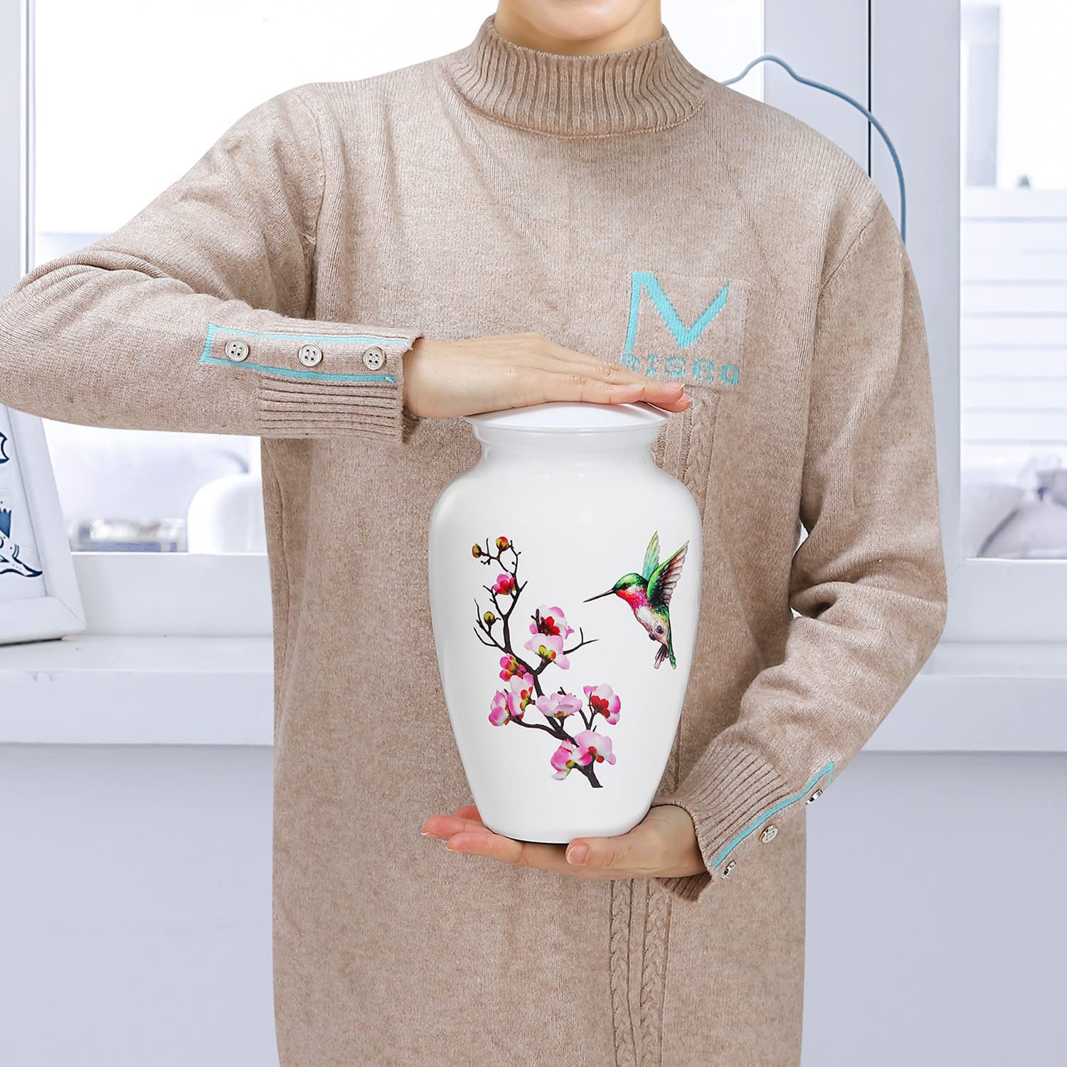 ICOKEE – Urne de cimetière pour cendres adultes, urne funéraire blanche, grande urne décorative avec sac en velours, jusqu'à 200 lb