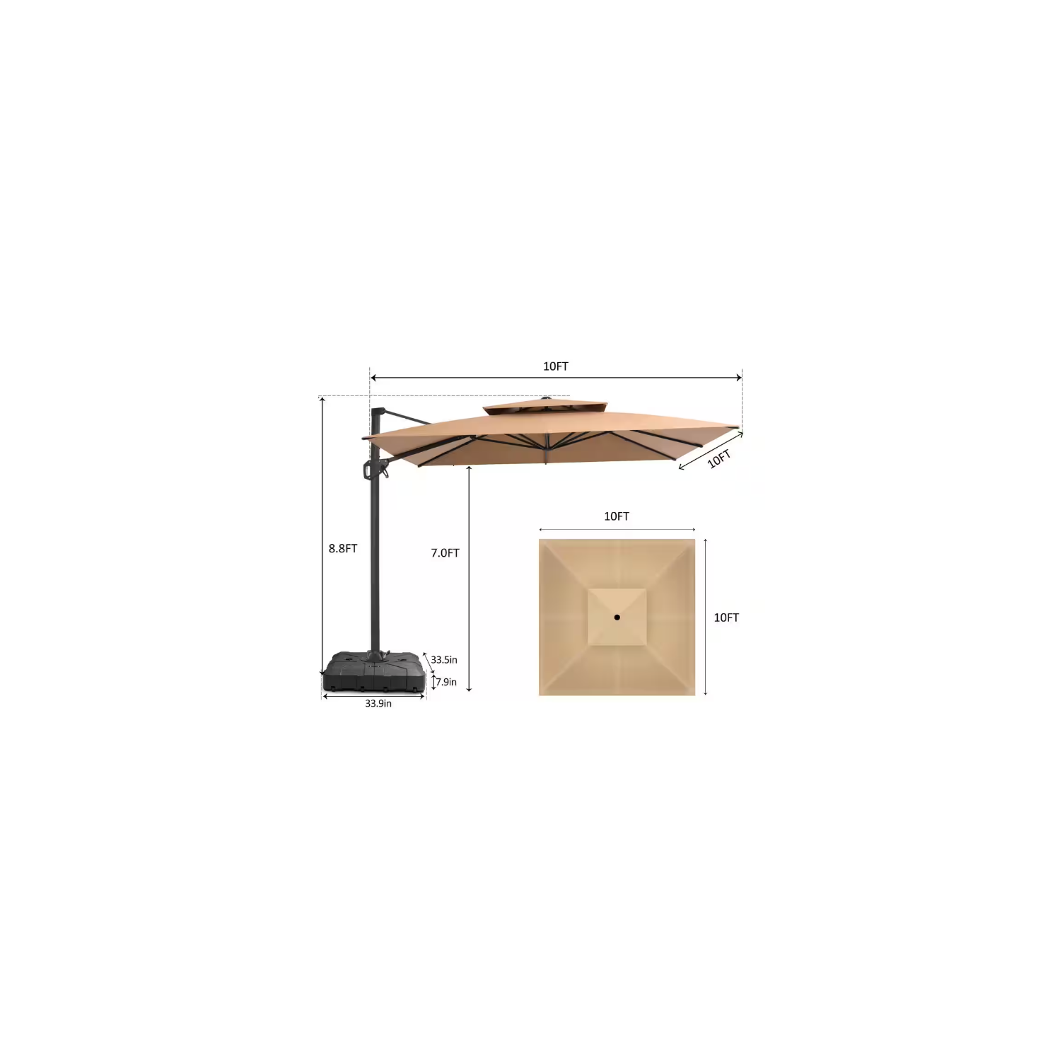 Maxxus 10 ft. Square Dual-Top Aluminum 360° Rotation Offset Outdoor Cantilever Patio Umbrella in Tan with Fillable Base Weights