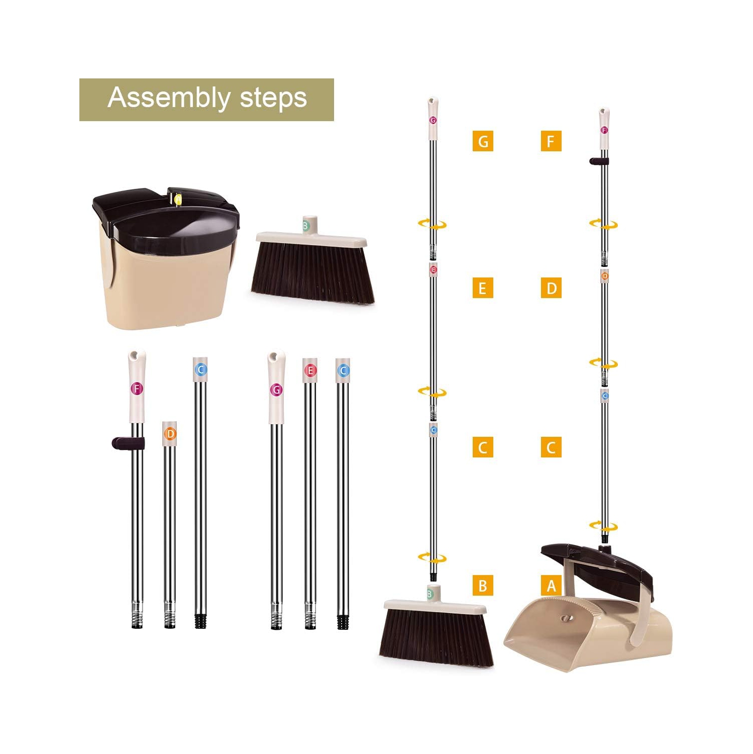 Mosuch Broom and Dustpan Set Extendable Long Handle Brooms Upright Standing Dustpans Lightweight Stainless Self-Clean Soft Broom Combo for Home