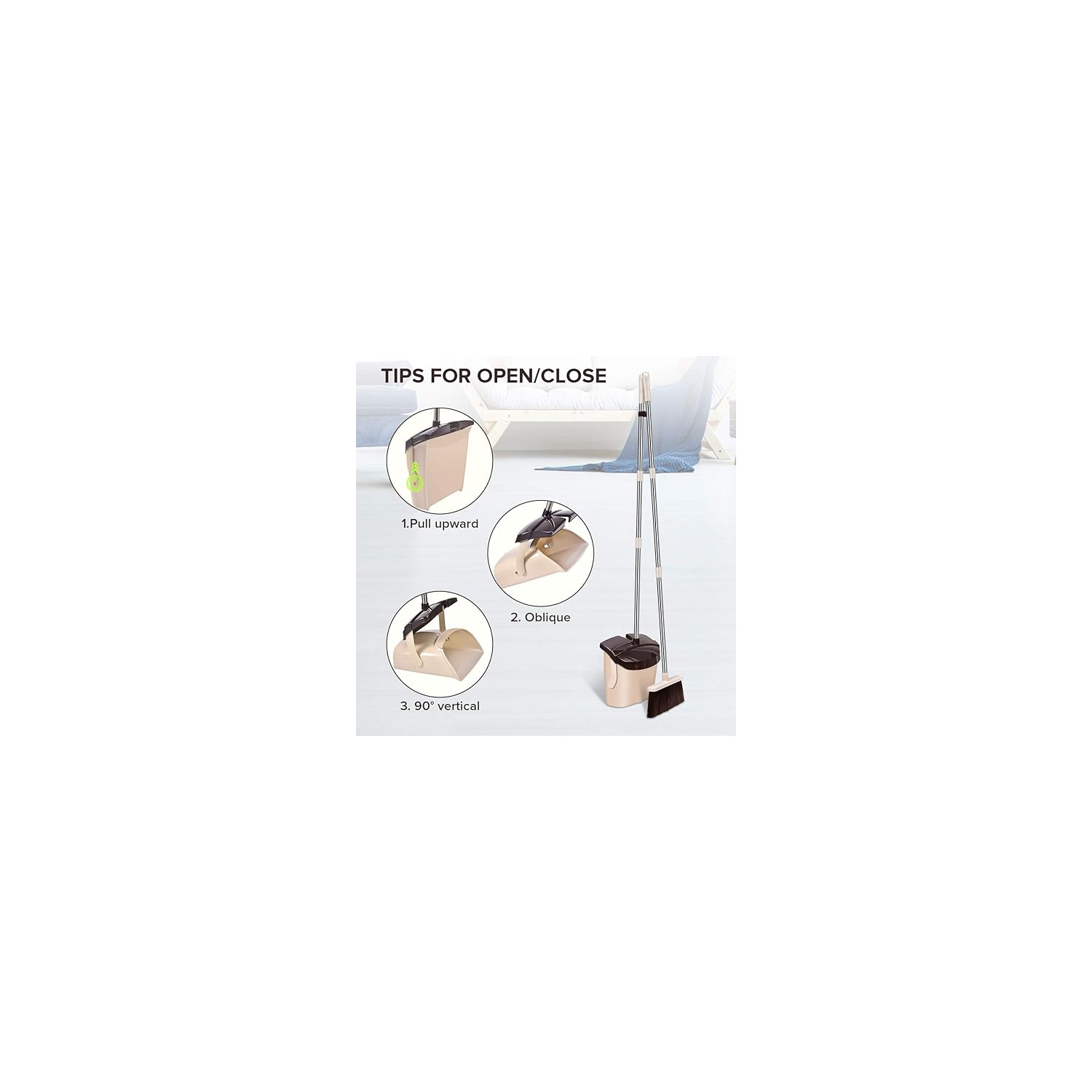 Mosuch Broom and Dustpan Set Extendable Long Handle Brooms Upright Standing Dustpans Lightweight Stainless Self-Clean Soft Broom Combo for Home