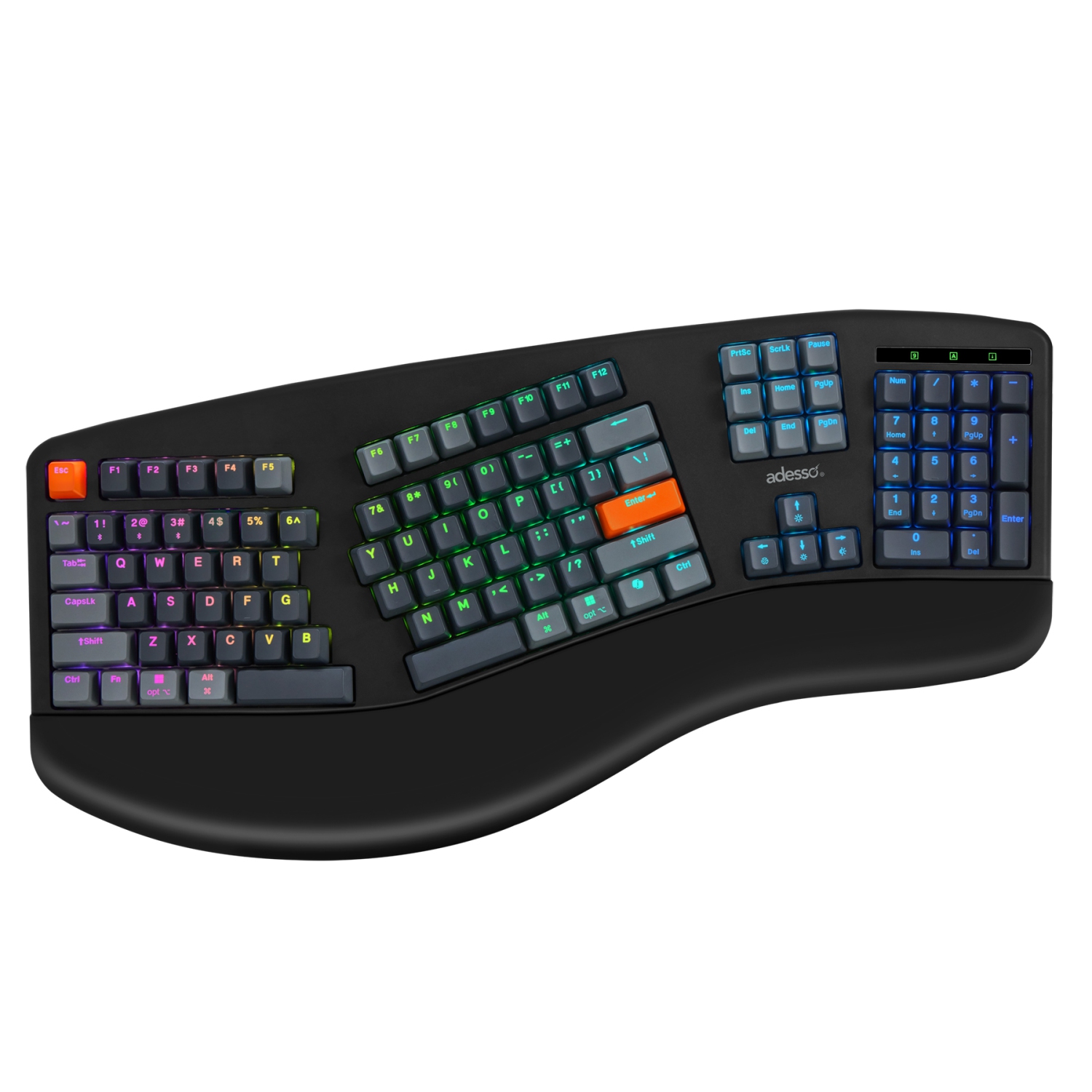 Clavier mécanique ergonomique RVB EasyTouch 1500 d'Adesso – 104 touches, Cherry MX Red, avec fil/sans fil/Bluetooth, VIA/QMK, touche Copilot