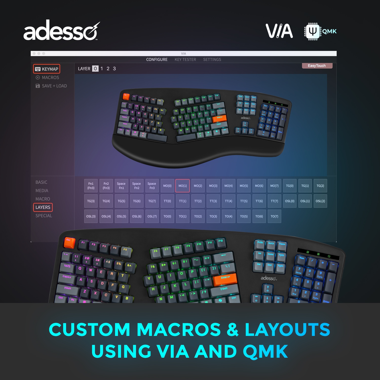 Clavier mécanique ergonomique RVB EasyTouch 1500 d'Adesso – 104 touches, Cherry MX Red, avec fil/sans fil/Bluetooth, VIA/QMK, touche Copilot