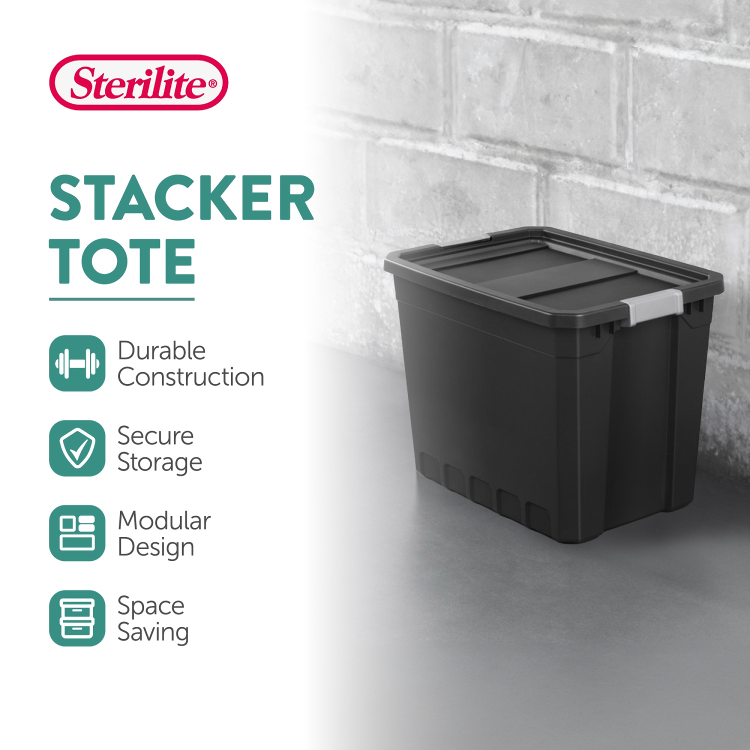 Sterilite 27 Gal Rugged Industrial Stackable Storage Tote w/ Lid, Black, 12 Pack