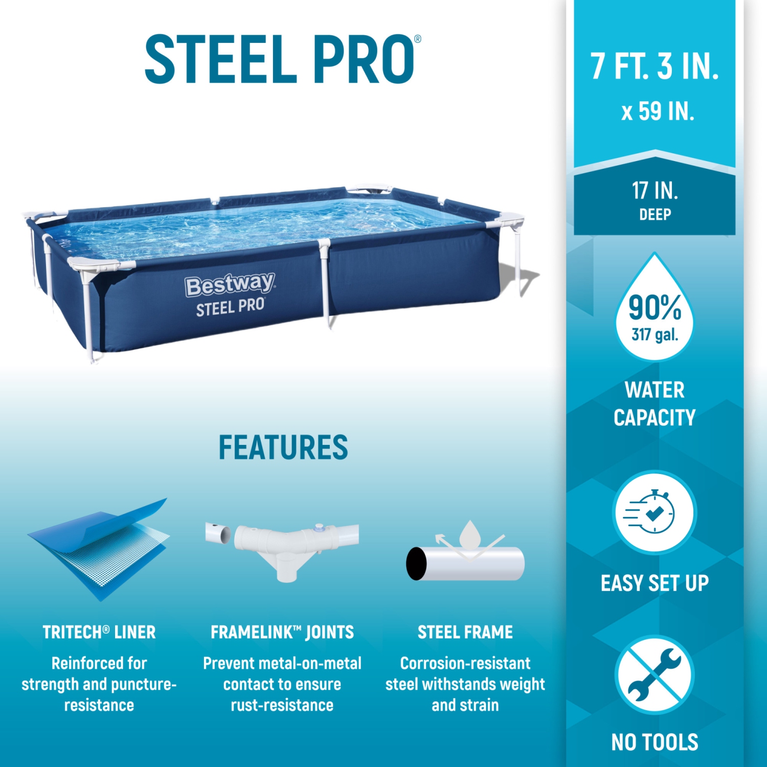 Bestway Steel Pro 87" x 59" x 17" Rectangular Above Ground Outdoor Swimming Pool