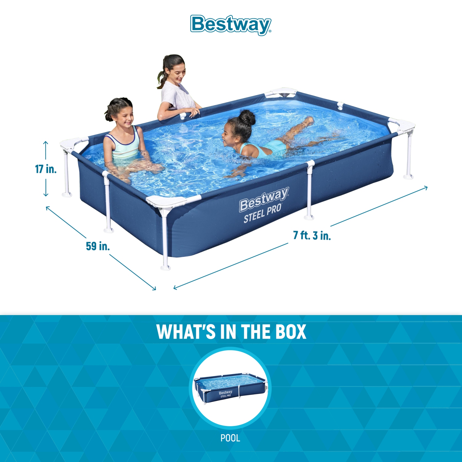 Bestway Steel Pro 87" x 59" x 17" Rectangular Above Ground Outdoor Swimming Pool