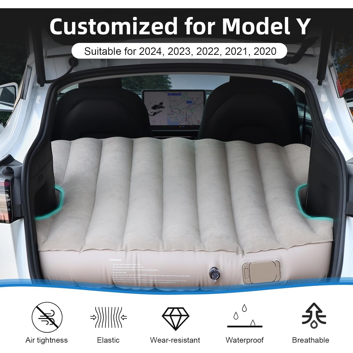 Customized Self-Inflating Mattress for Tesla Model Y and Model 3, Comfortable Car Sleeping Pad with Cordless Rechargeable Air Pump, Portable Camping