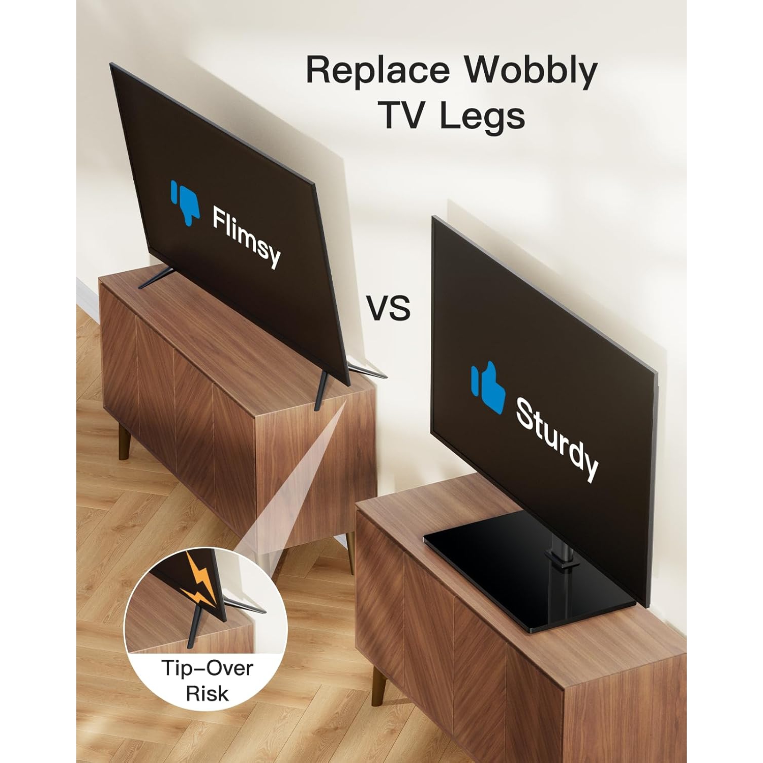 Universal TV Stand - Table Top TV Stand for 32-60 inch LCD LED TVs - Height Adjustable TV Base Stand with Tempered Glass Base & Wire Management, VESA