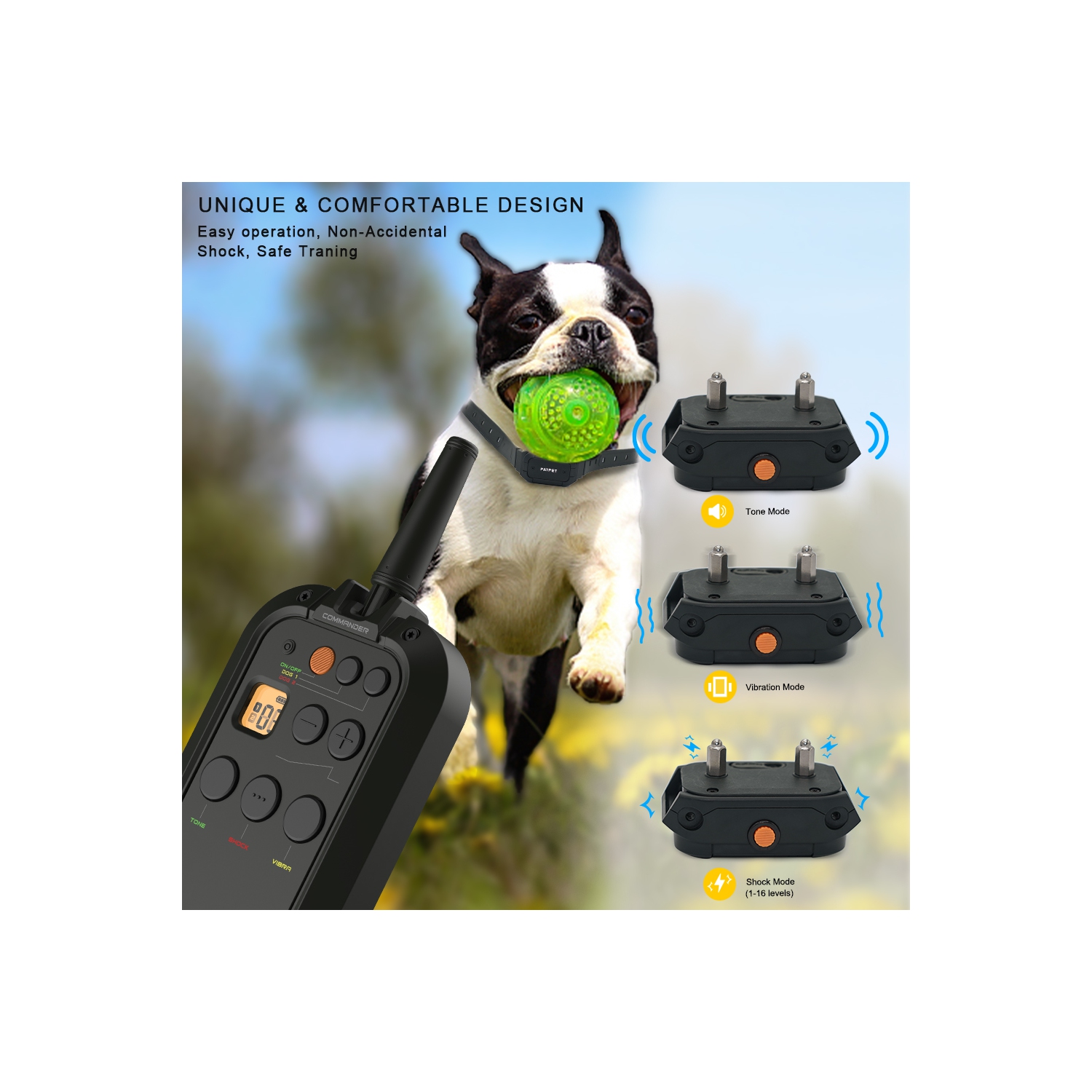 PATPET Dog Training Collar with Remote- 3/4 Mile Range E Collar Waterproof Rechargeable Shock Collar for Large Dog