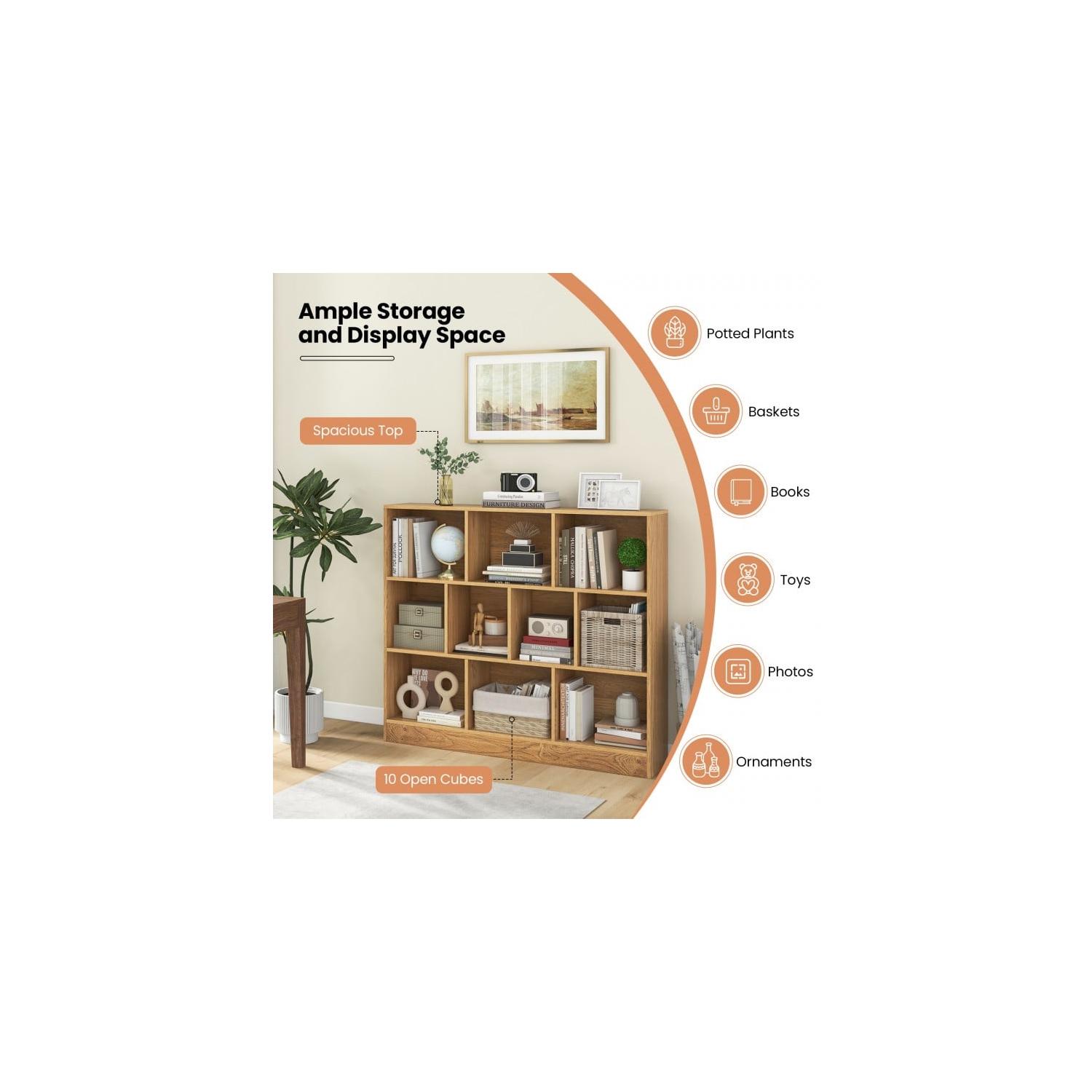 Wooden Toy Storage Organizer with 10 Cubes for Kids Room or Playroom