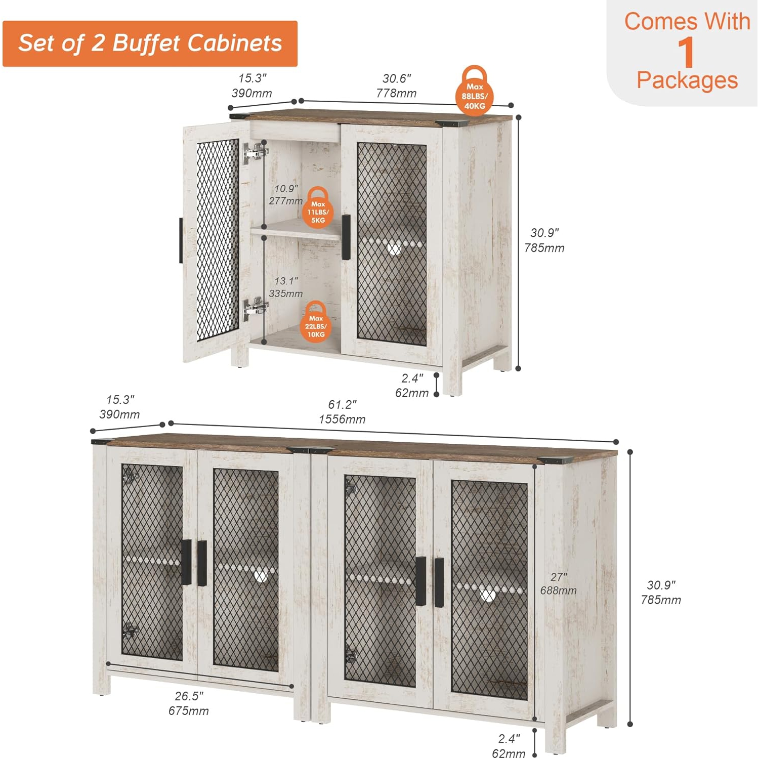 Buffet WAMAPT avec 4 portes en filet, ensemble de 2 armoires de cuisine en bois avec tablette réglable, tables de bar pour salle à manger, salon,