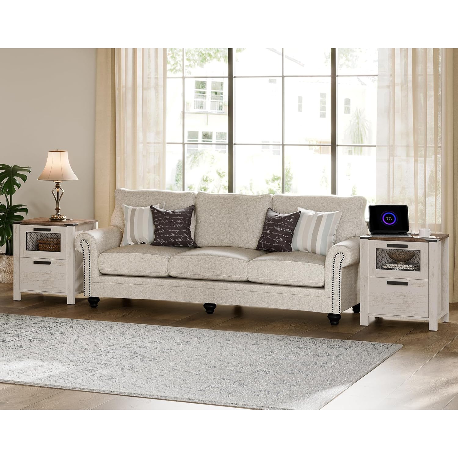 WAMPAT 2 Ensemble de table de chevet avec tiroir, canapé table de chevet dans la chambre et le salon, chêne et blanc