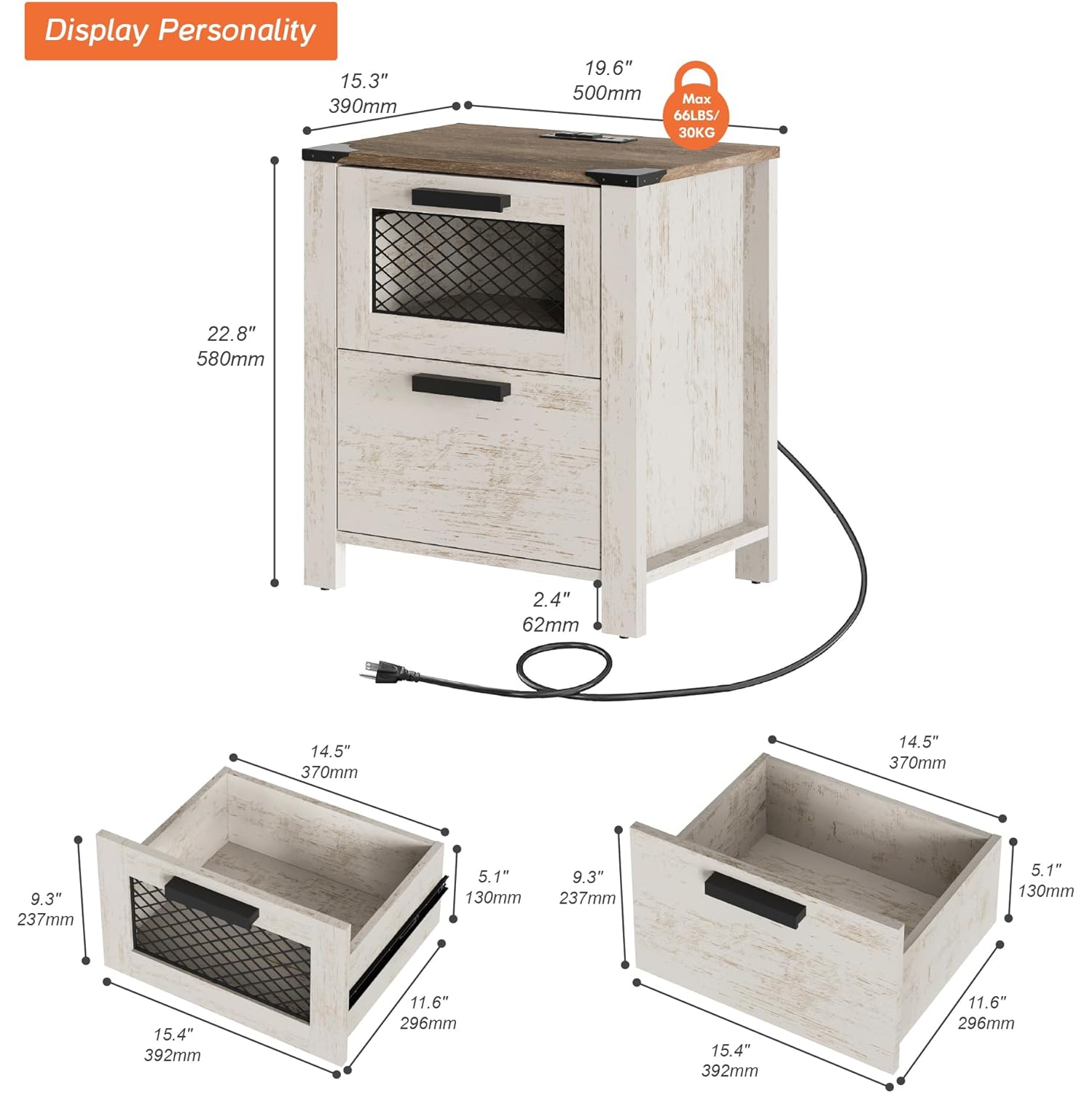 WAMPAT 2 Ensemble de table de chevet avec tiroir, canapé table de chevet dans la chambre et le salon, chêne et blanc