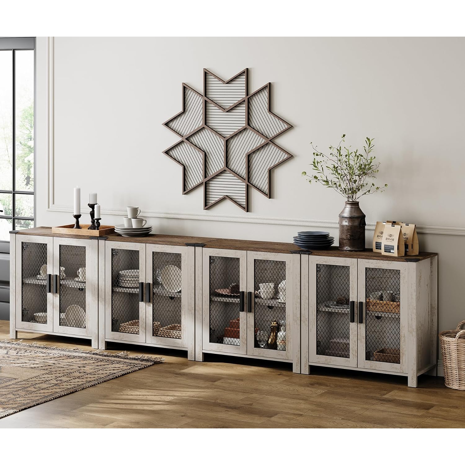 Ensemble de 2 armoires de buffet WAMAPT avec porte à 4 mailles, ensemble de 2 armoires de rangement de cuisine avec tablette réglable, tables de bar