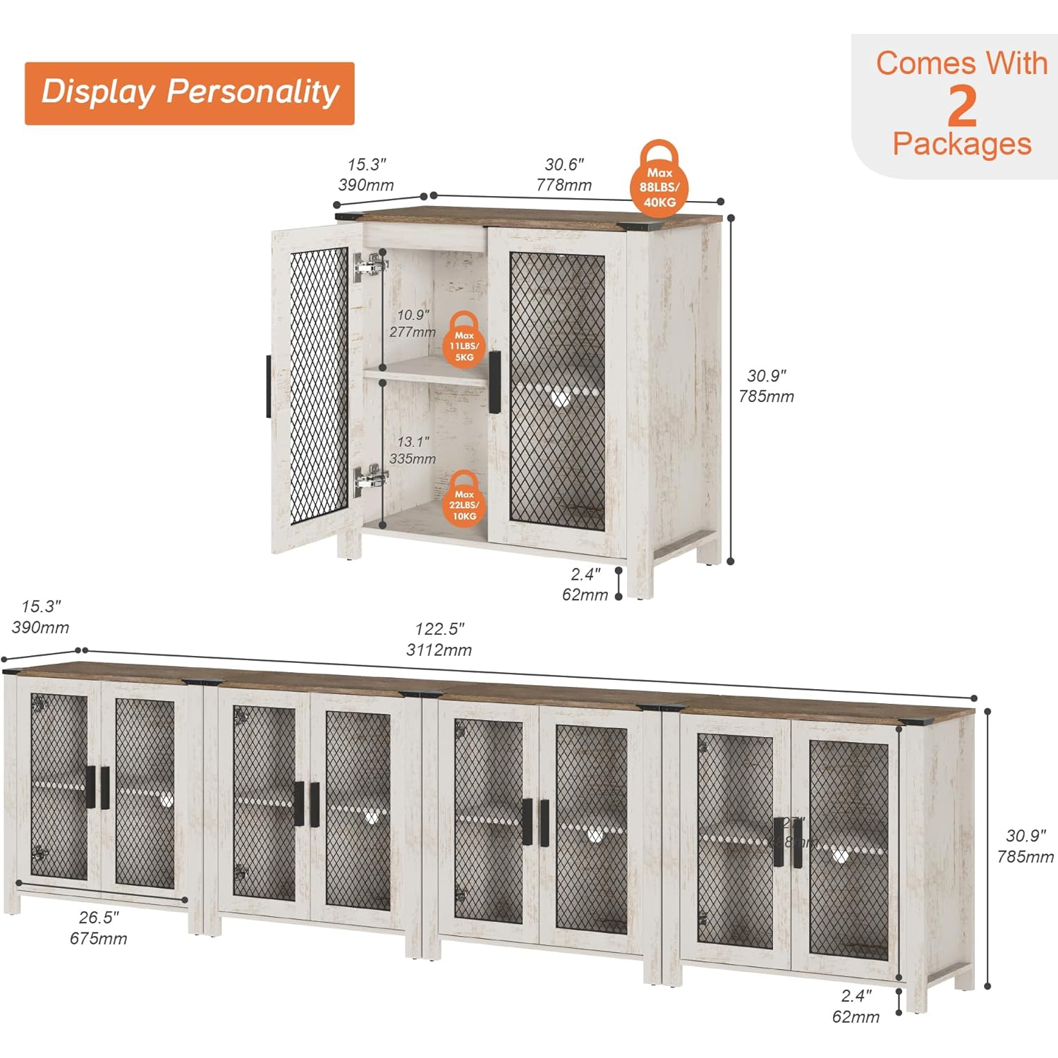 Ensemble de 2 armoires de buffet WAMAPT avec porte à 4 mailles, ensemble de 2 armoires de rangement de cuisine avec tablette réglable, tables de bar