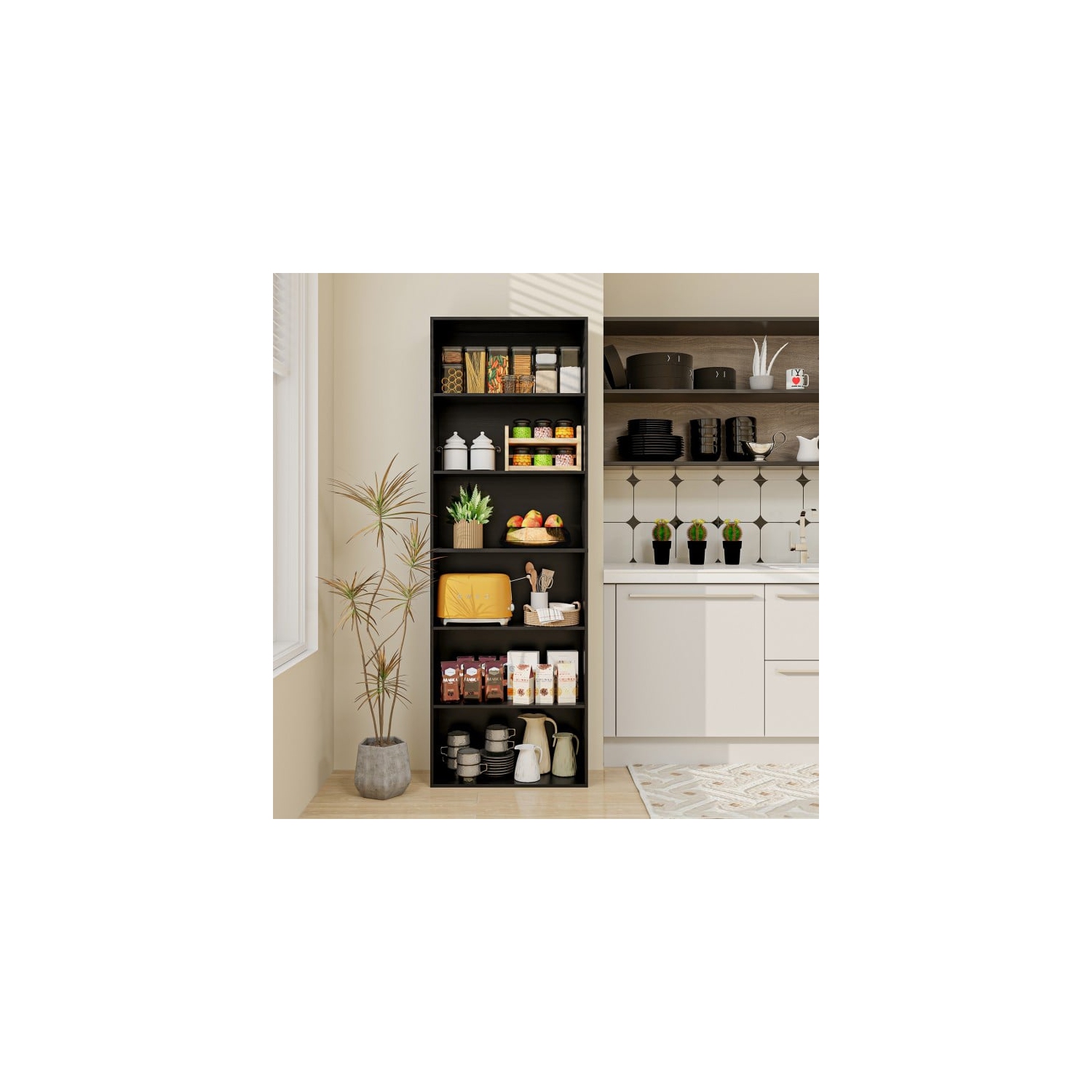 Bibliothèque à 6 niveaux avec 6 tablettes ouvertes et trousses antibasculement pour la maison ou le bureau