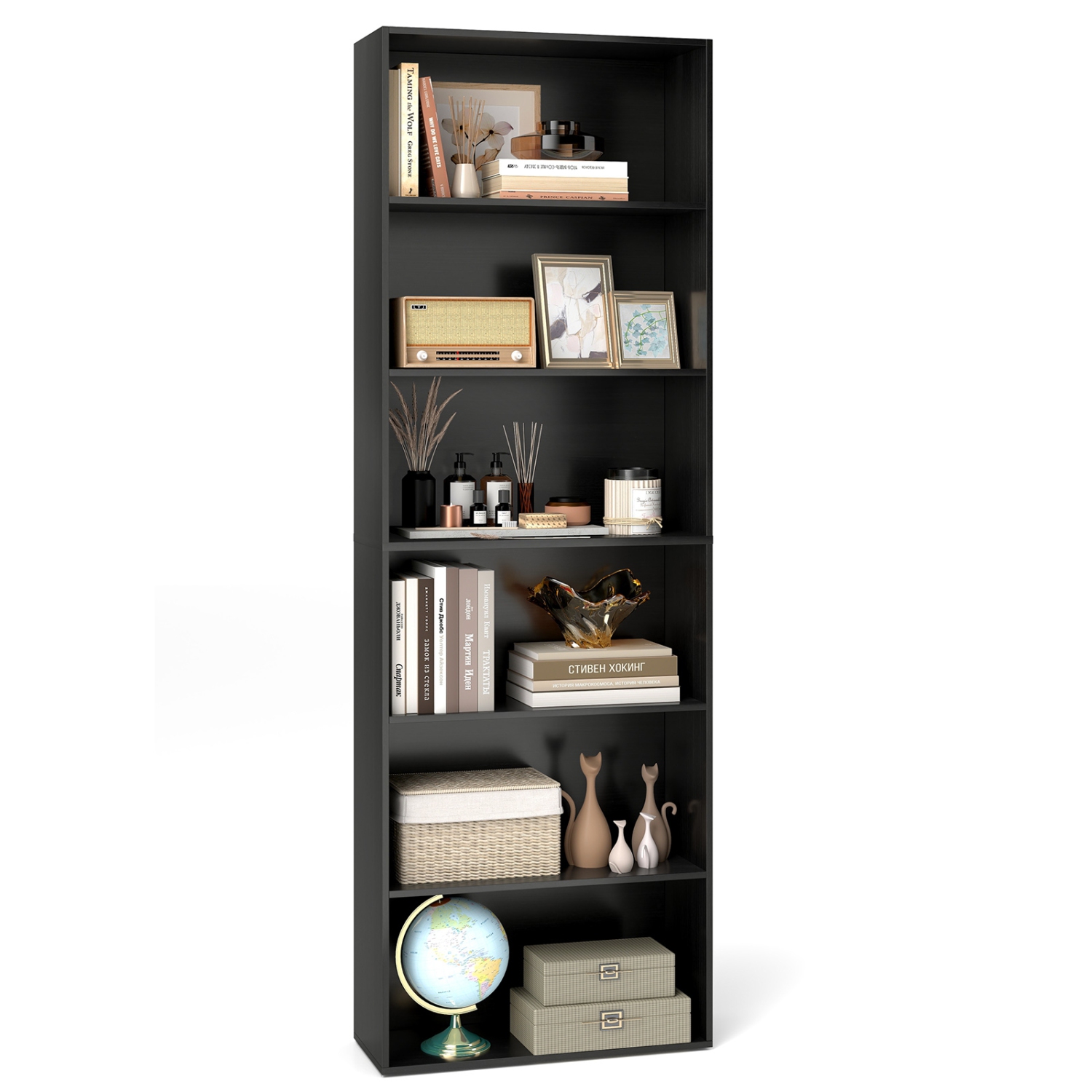 Bibliothèque à 6 niveaux avec 6 tablettes ouvertes et trousses antibasculement pour la maison ou le bureau