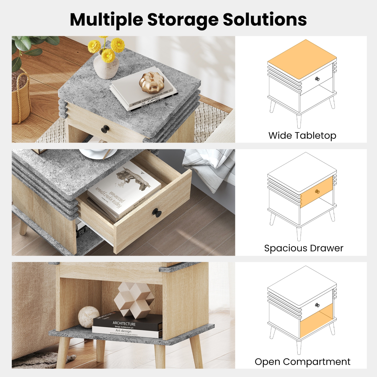 Table de chevet moderne avec surface en faux marbre – Table de bout à 3 niveaux pour la chambre ou le salon