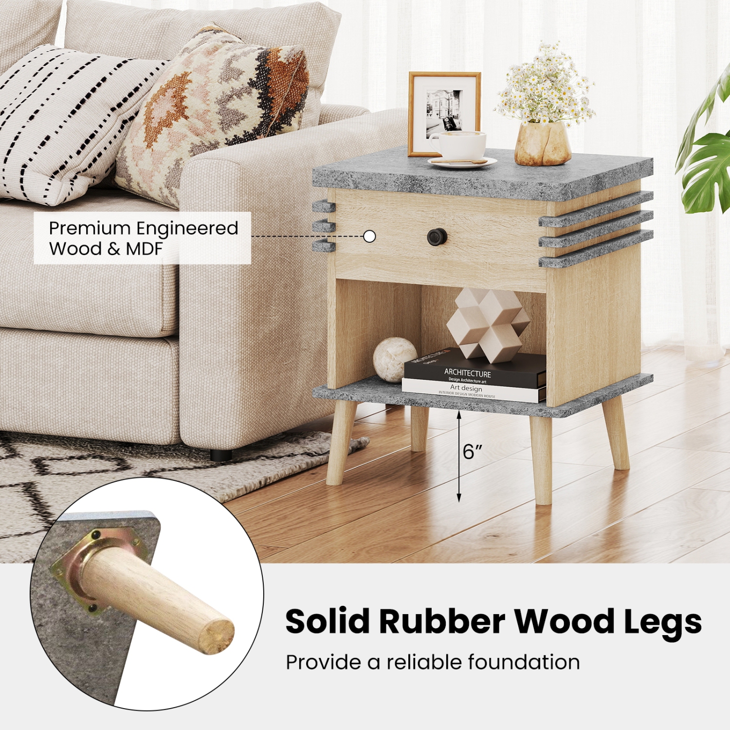 Table de chevet moderne avec surface en faux marbre – Table de bout à 3 niveaux pour la chambre ou le salon