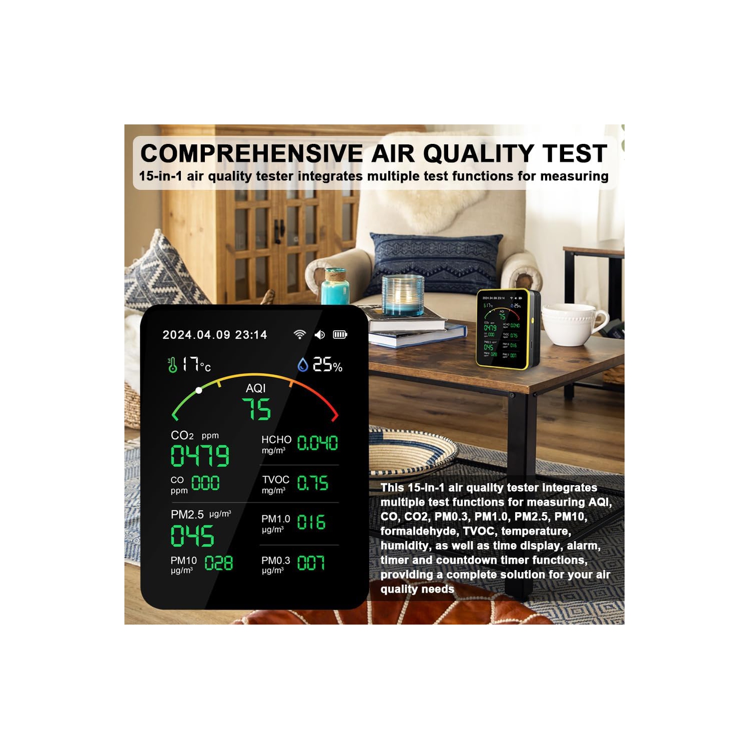 15 in 1 Air Quality Tester - Detect CO, CO2, PM, Formaldehyde, Temperature and Humidity, etc., 2.8" TFT Color Display, App Control, Wi-Fi, Alarm