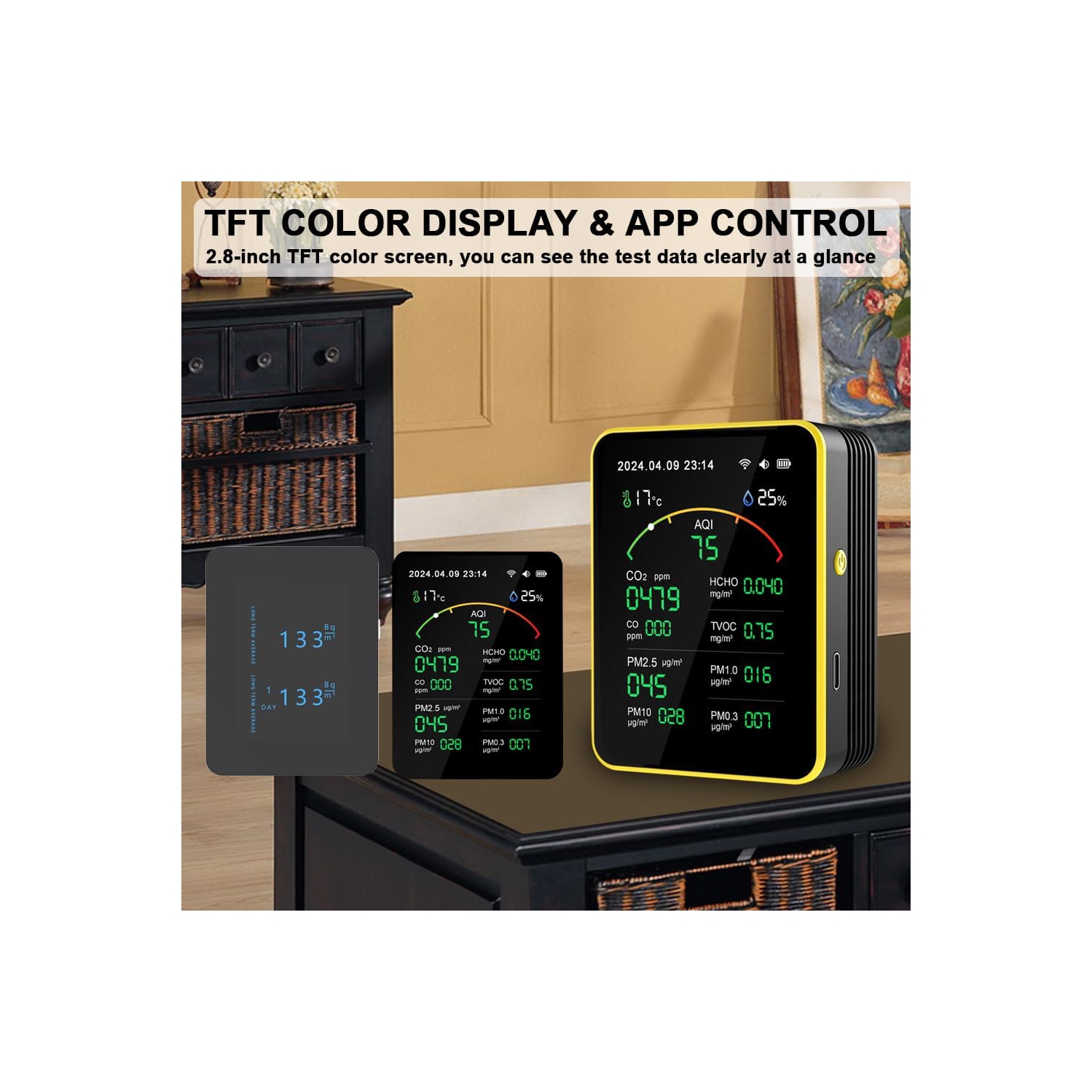 15 in 1 Air Quality Tester - Detect CO, CO2, PM, Formaldehyde, Temperature and Humidity, etc., 2.8" TFT Color Display, App Control, Wi-Fi, Alarm