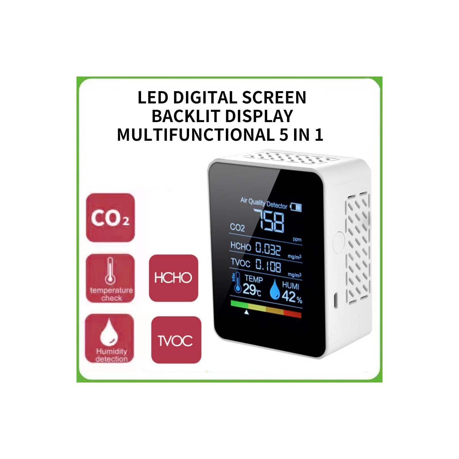 Smart Home 5-in-1 Air Quality Monitor - Detects formaldehyde, carbon dioxide, TVOC, temperature, humidity, color TFT LCD screen, USB charging, indoor