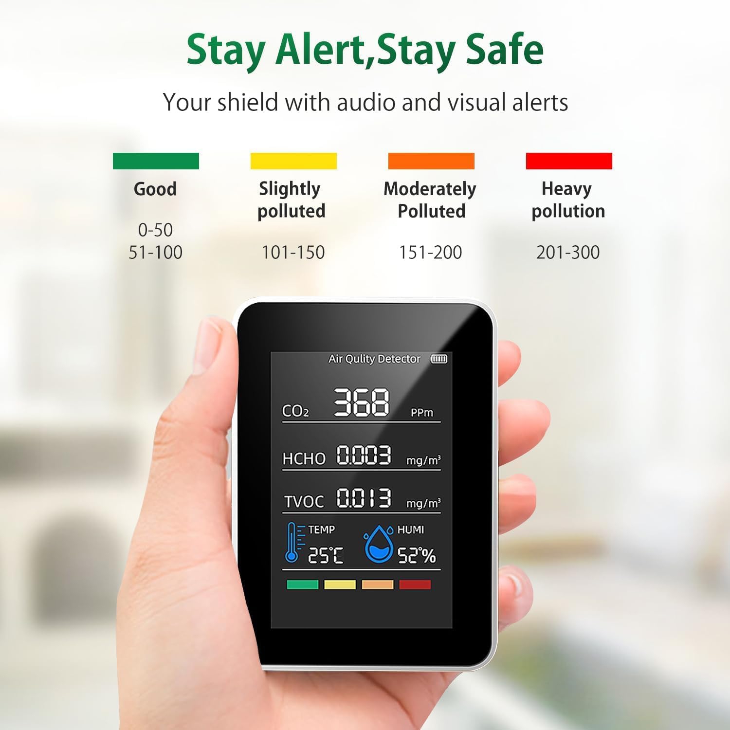 Smart Home 5-in-1 Air Quality Monitor - Detects formaldehyde, carbon dioxide, TVOC, temperature, humidity, color TFT LCD screen, USB charging, indoor