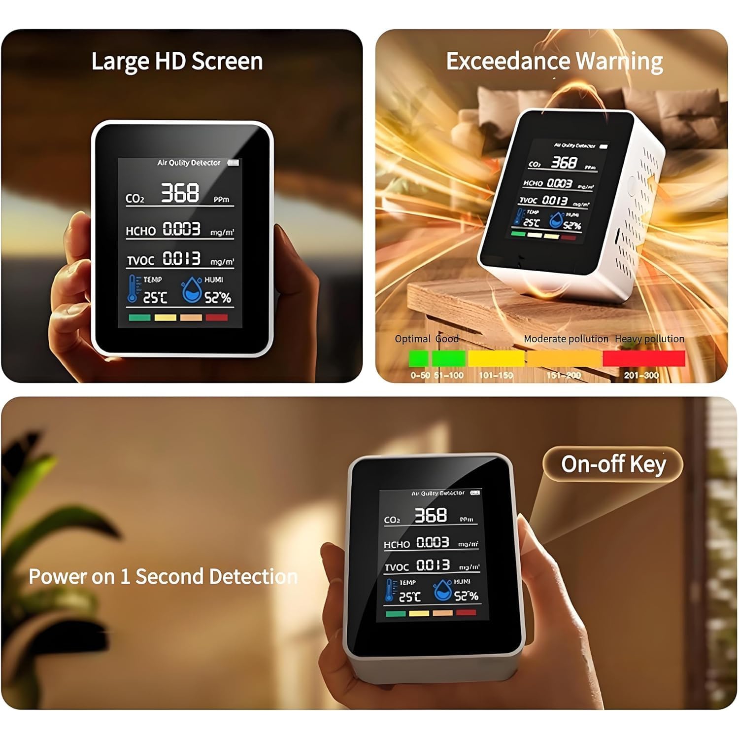 Smart Home 5-in-1 Air Quality Monitor - Detects formaldehyde, carbon dioxide, TVOC, temperature, humidity, color TFT LCD screen, USB charging, indoor