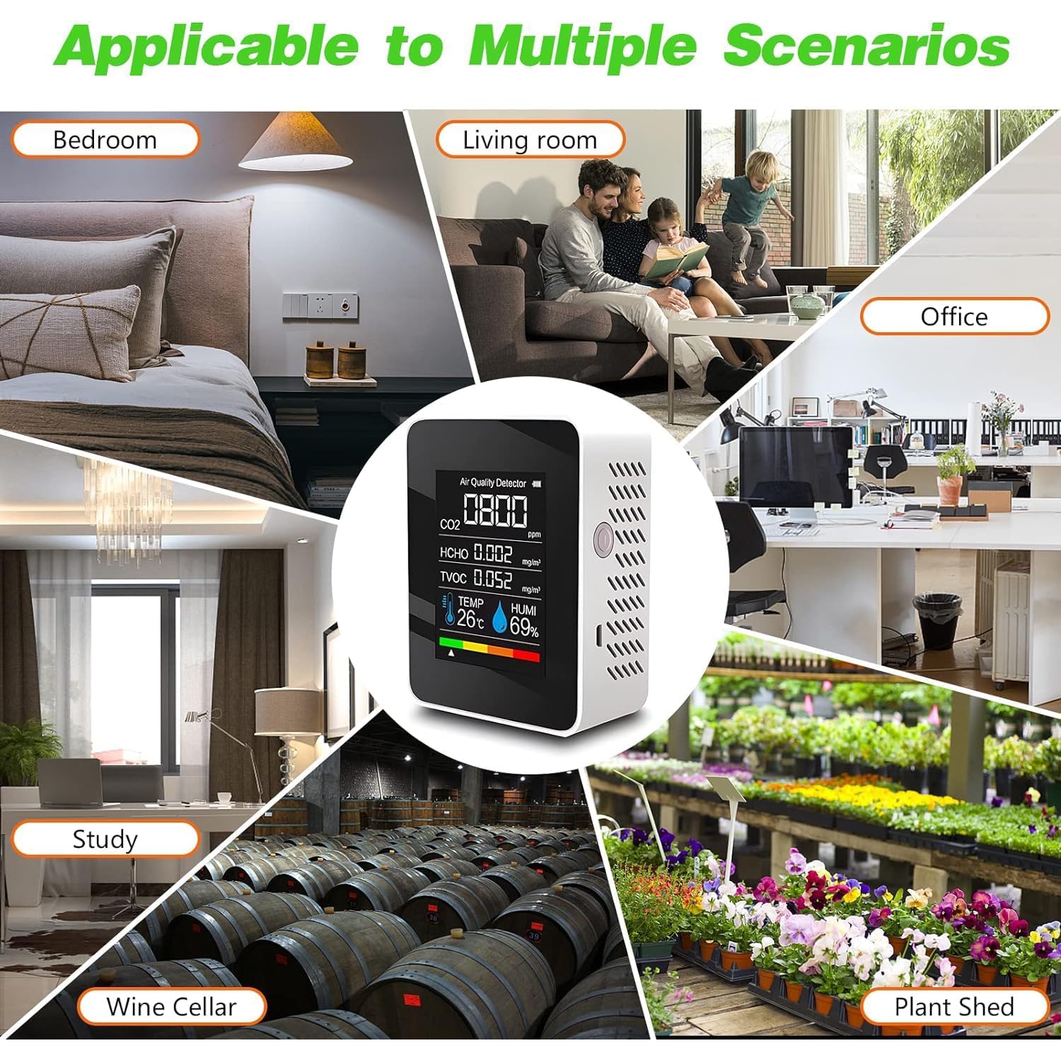 Smart Home 5-in-1 Air Quality Monitor - Detects formaldehyde, carbon dioxide, TVOC, temperature, humidity, color TFT LCD screen, USB charging, indoor