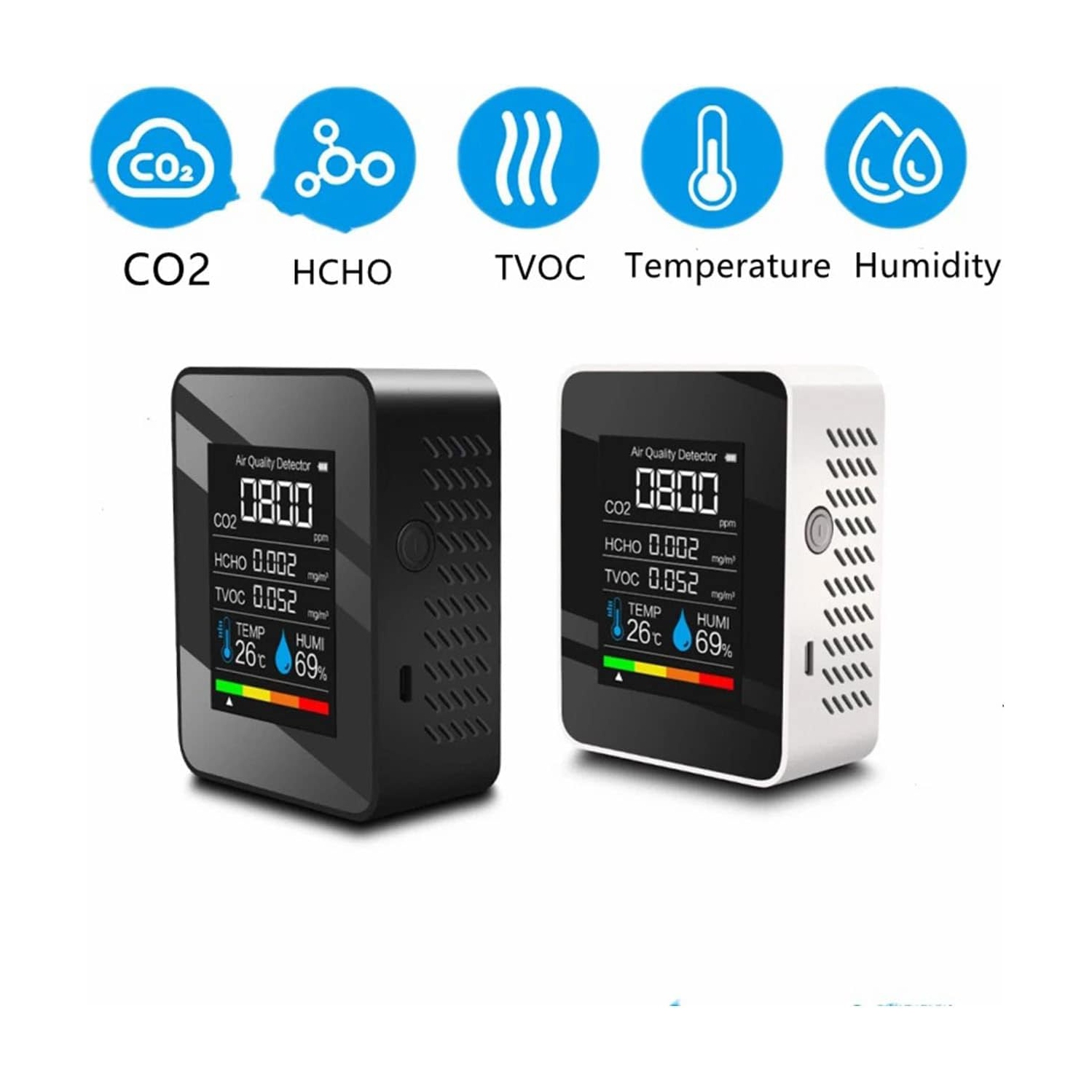Smart Home 5-in-1 Air Quality Monitor - Detects formaldehyde, carbon dioxide, TVOC, temperature, humidity, color TFT LCD screen, USB charging, indoor