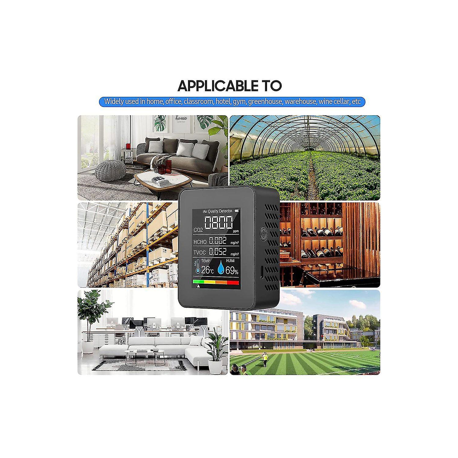 Smart Home 5-in-1 Air Quality Monitor - Detects formaldehyde, carbon dioxide, TVOC, temperature, humidity, color TFT LCD screen, USB charging, indoor