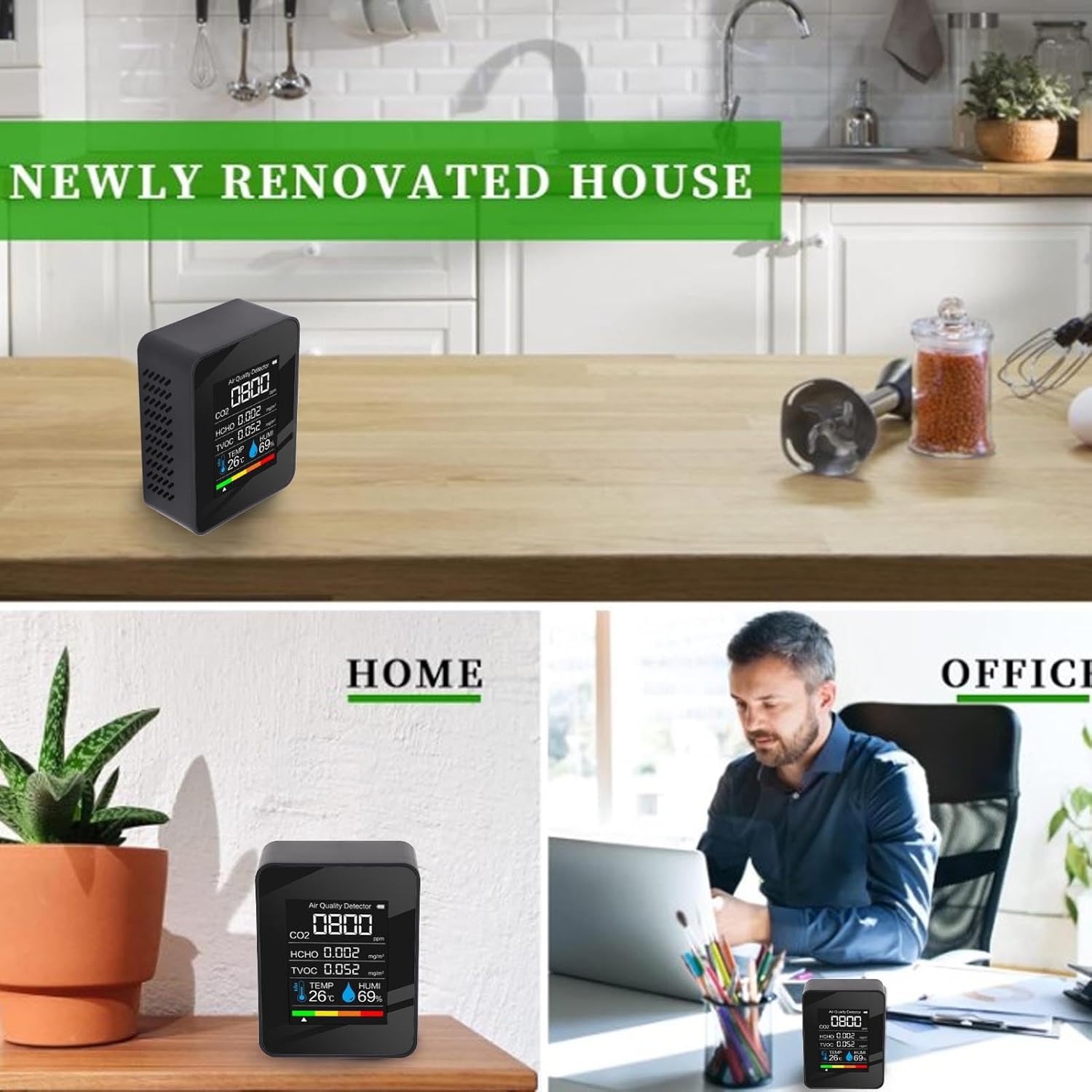 Smart Home 5-in-1 Air Quality Monitor - Detects formaldehyde, carbon dioxide, TVOC, temperature, humidity, color TFT LCD screen, USB charging, indoor