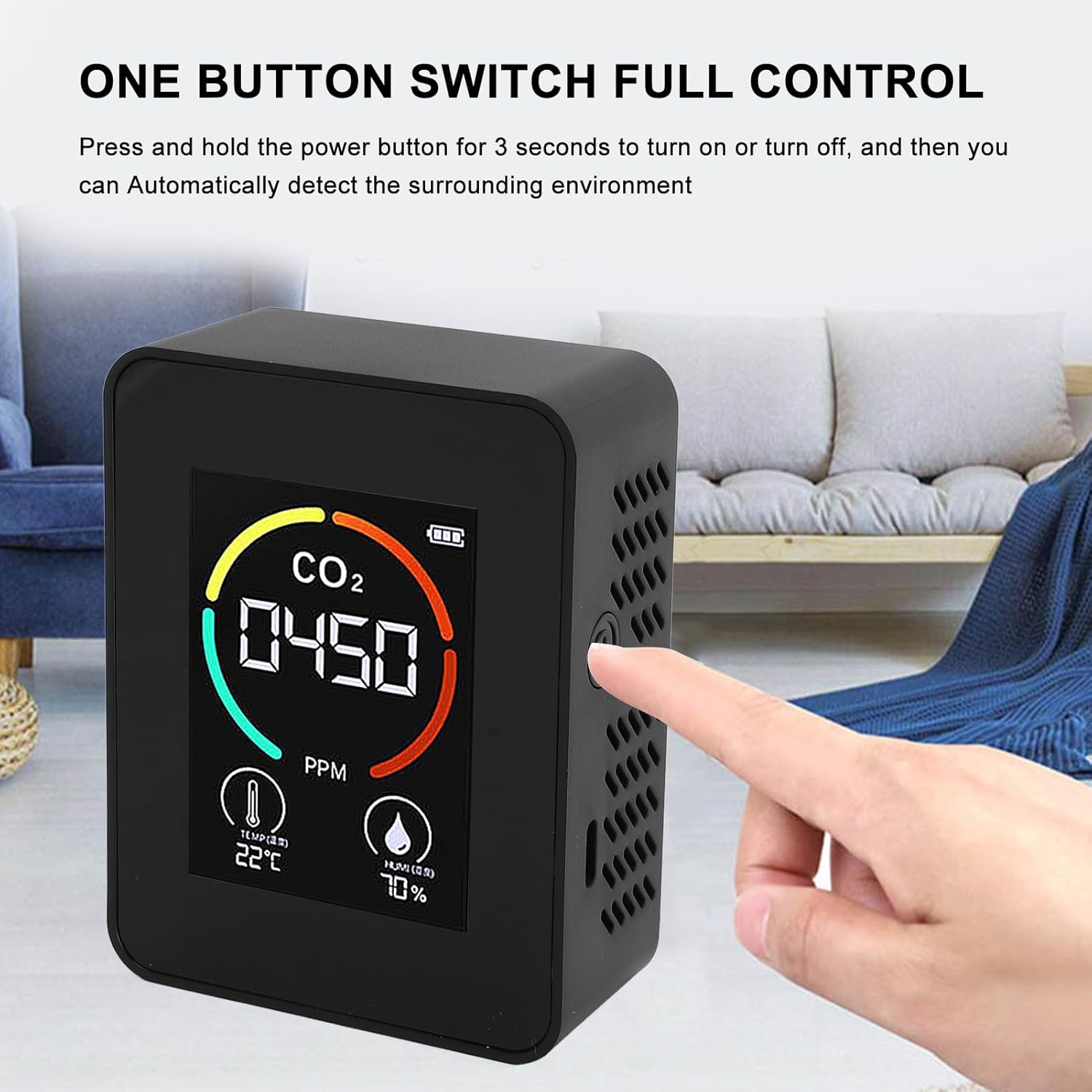 Moniteur portatif de qualité de l'air – grand écran miroir de 2,8&nbsp;po, détecte le CO2, la température et l'humidité, pile 1200&nbsp;mAh