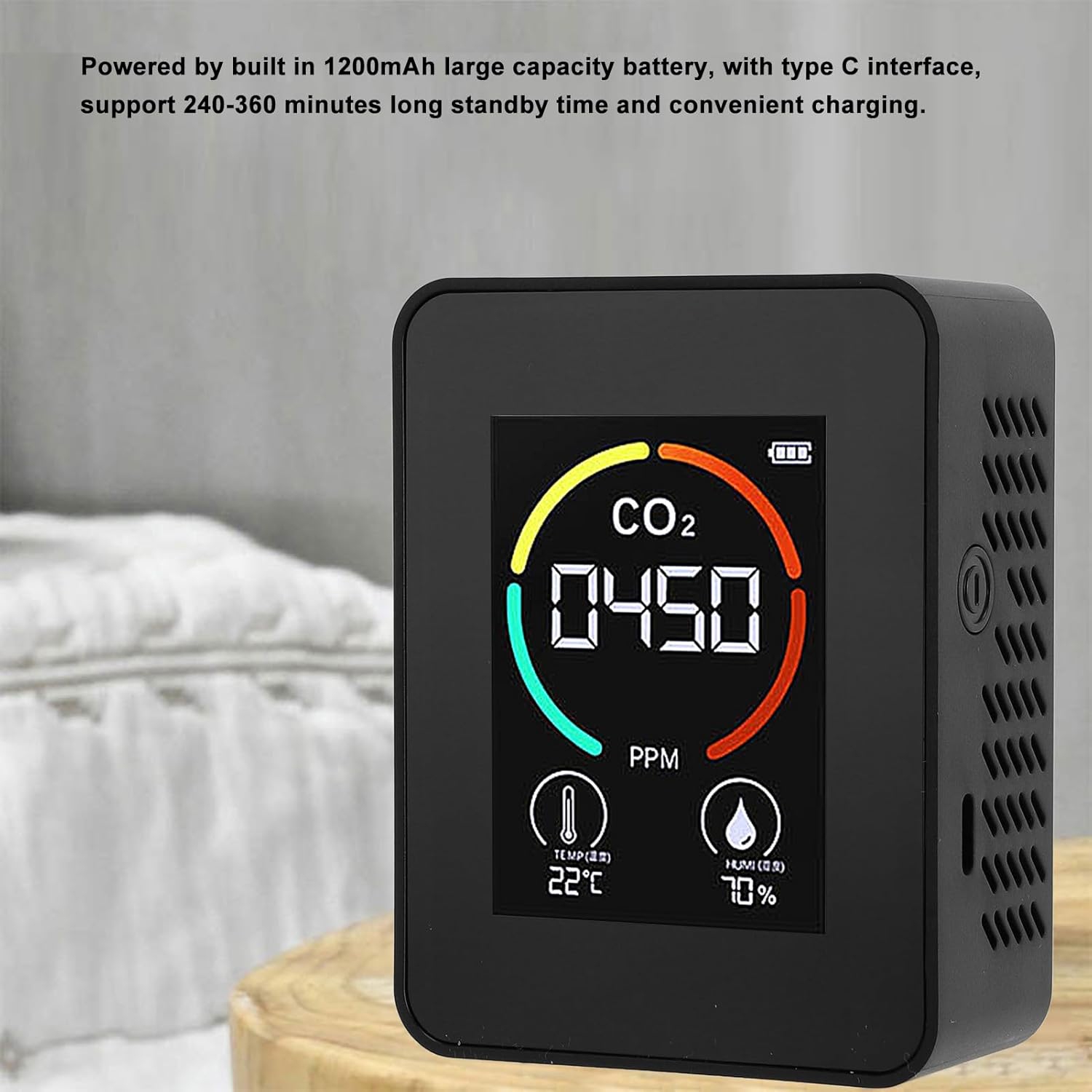 Moniteur portatif de qualité de l'air – grand écran miroir de 2,8&nbsp;po, détecte le CO2, la température et l'humidité, pile 1200&nbsp;mAh