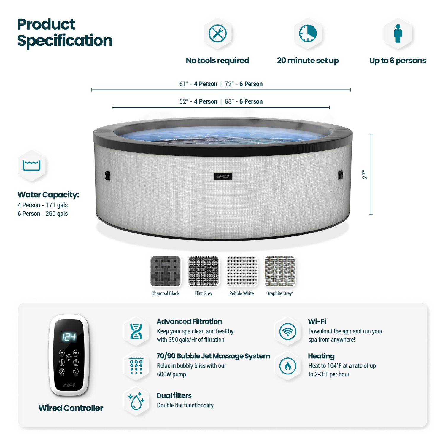 Tahoe | Upto 6-Person Eco Foam Hot Tub | Round | Built-In Integrated Heater | Pebble White