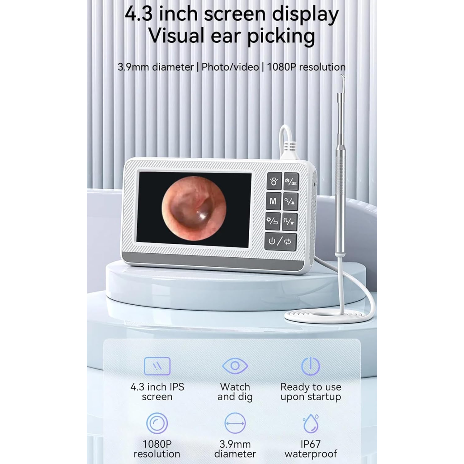 Caméra otoscope numérique, objectif 3,9&nbsp;mm, écran de 4,3&nbsp;po, endoscope visuel de cuillère à oreille, batterie rechargeable 2600&nbsp;mAh