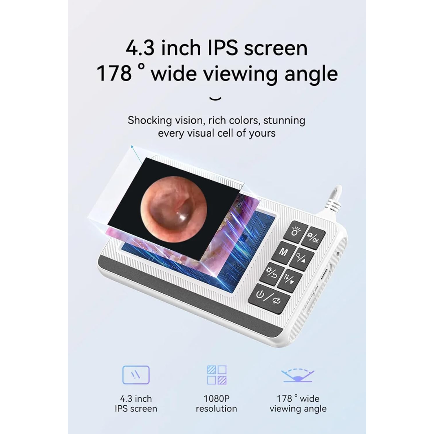 Caméra otoscope numérique, objectif 3,9&nbsp;mm, écran de 4,3&nbsp;po, endoscope visuel de cuillère à oreille, batterie rechargeable 2600&nbsp;mAh