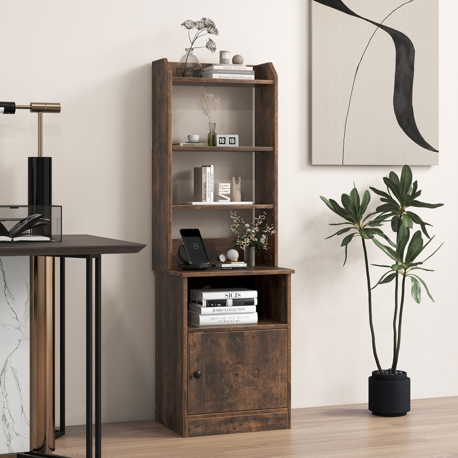 Table de chevet à 6 tablettes avec armoire et station de recharge pour chambre ou bureau